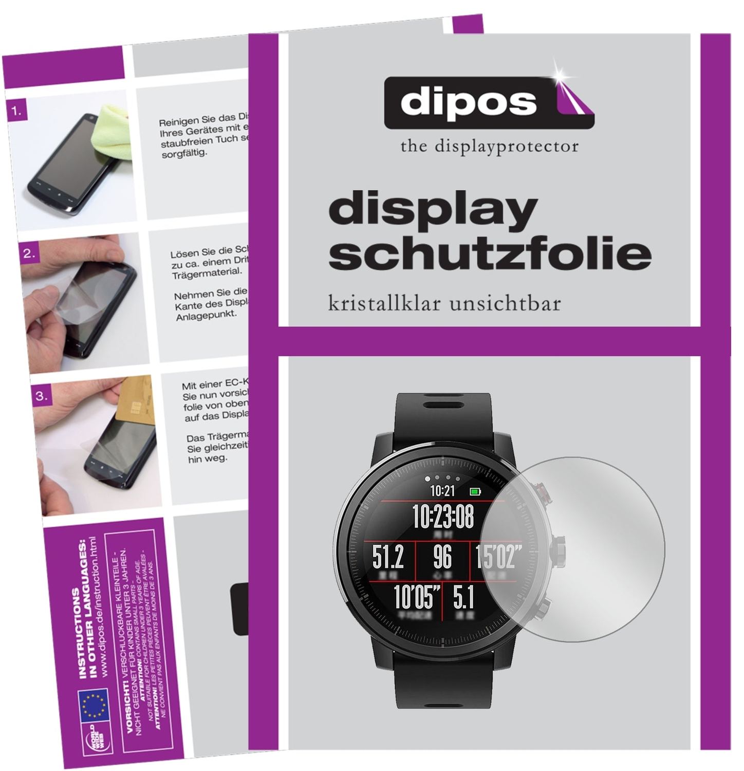 Klare Displayschutzfolie von dipos passend für Huami Amazfit Stratos, präziser Zuschnitt und blasenfrei montiert