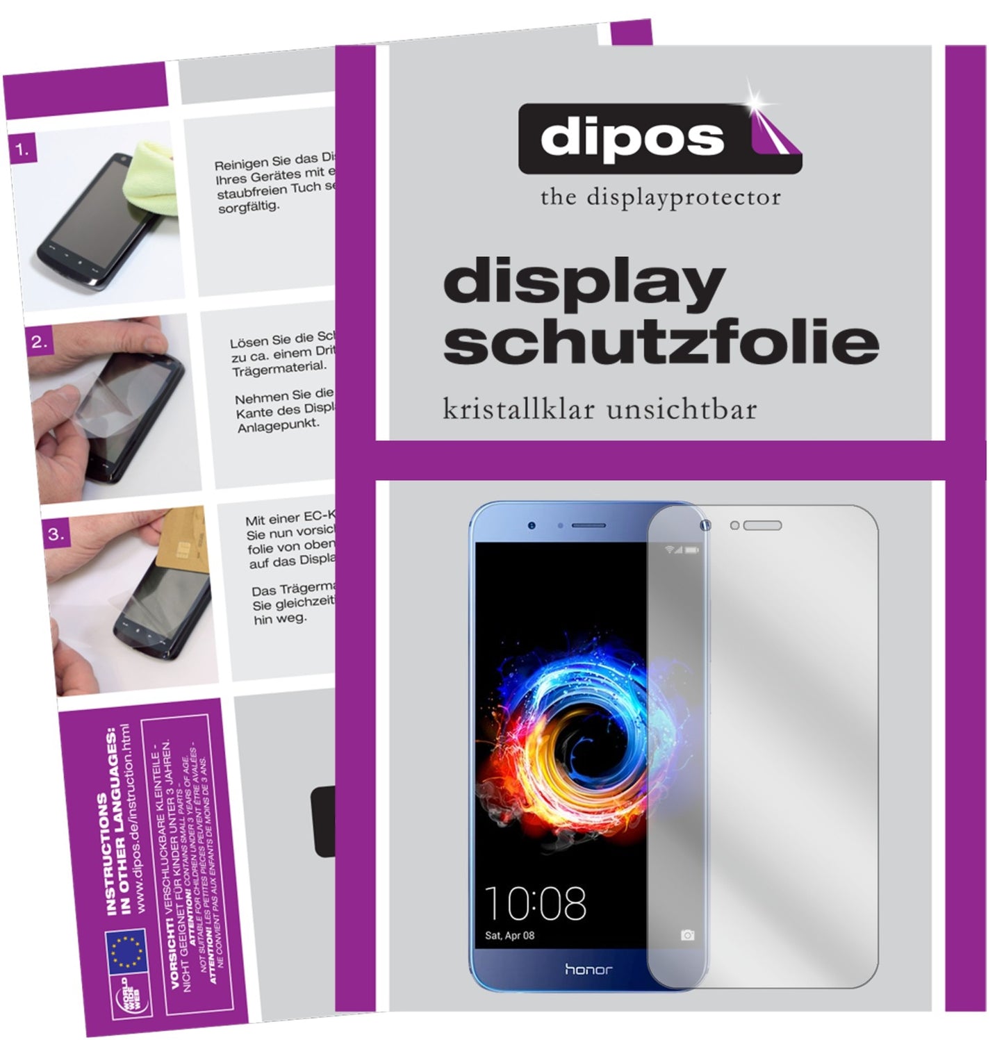 Klare Displayschutzfolie von dipos passend für Huawei Honor 8 Pro, präziser Zuschnitt und blasenfrei montiert