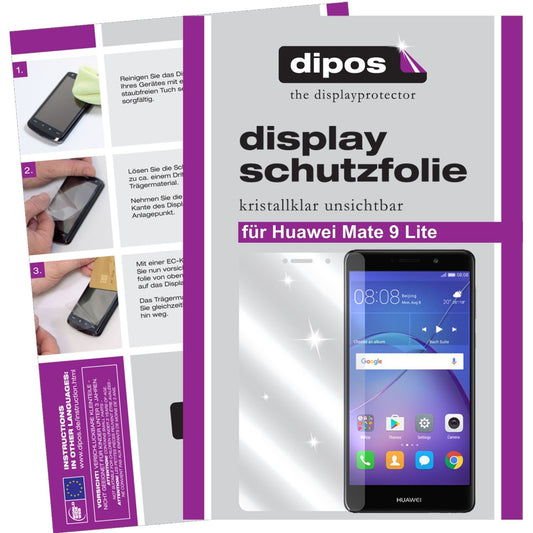 Klare Displayschutzfolie von dipos passend für Huawei Mate 9 Lite, präziser Zuschnitt und blasenfrei montiert