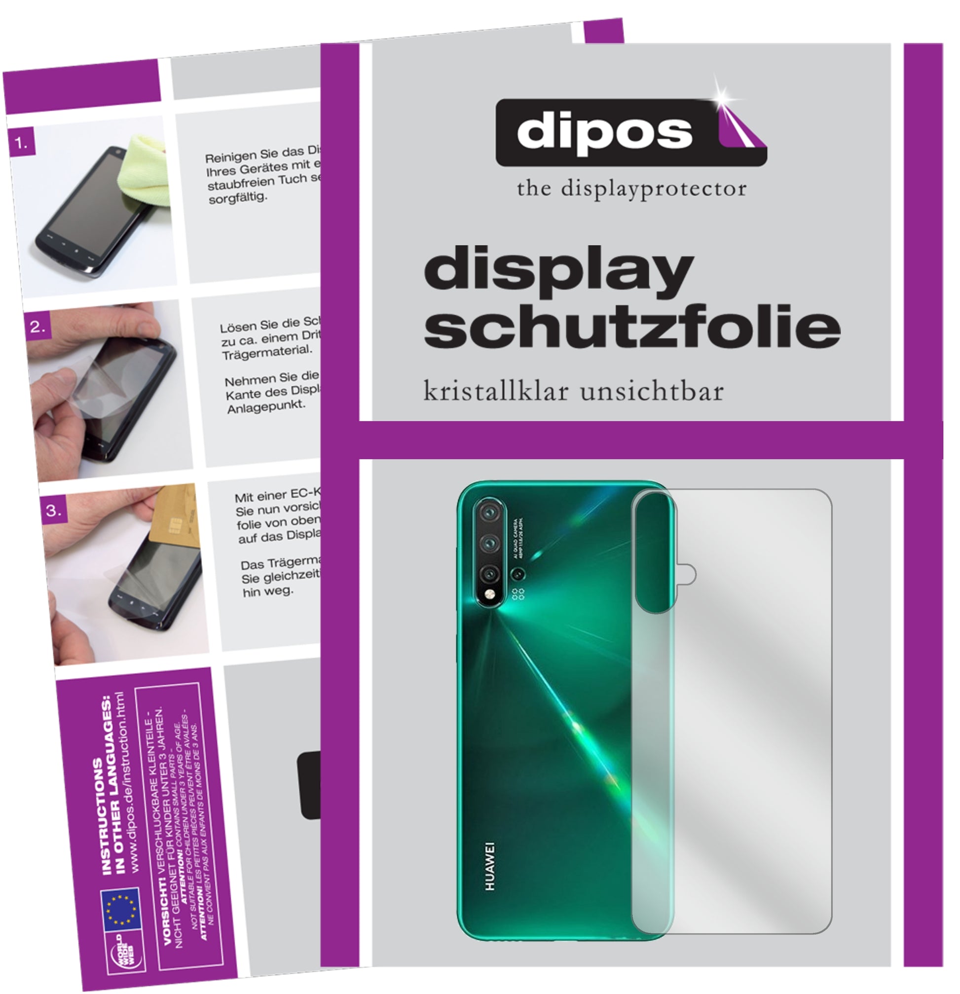Klare Displayschutzfolie von dipos passend für Huawei nova 5 Pro Rückseite, präziser Zuschnitt und blasenfrei montiert