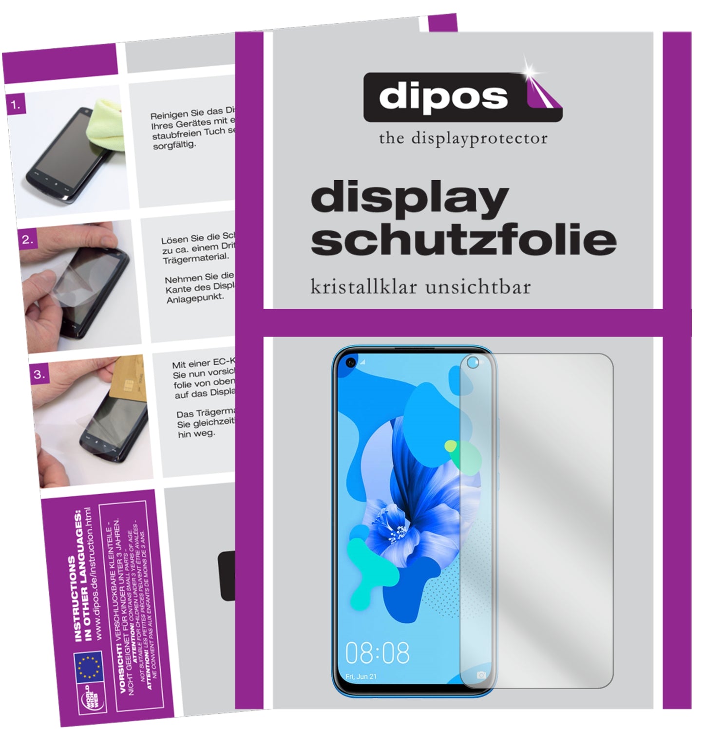Klare Displayschutzfolie von dipos passend für Huawei nova 5i, präziser Zuschnitt und blasenfrei montiert