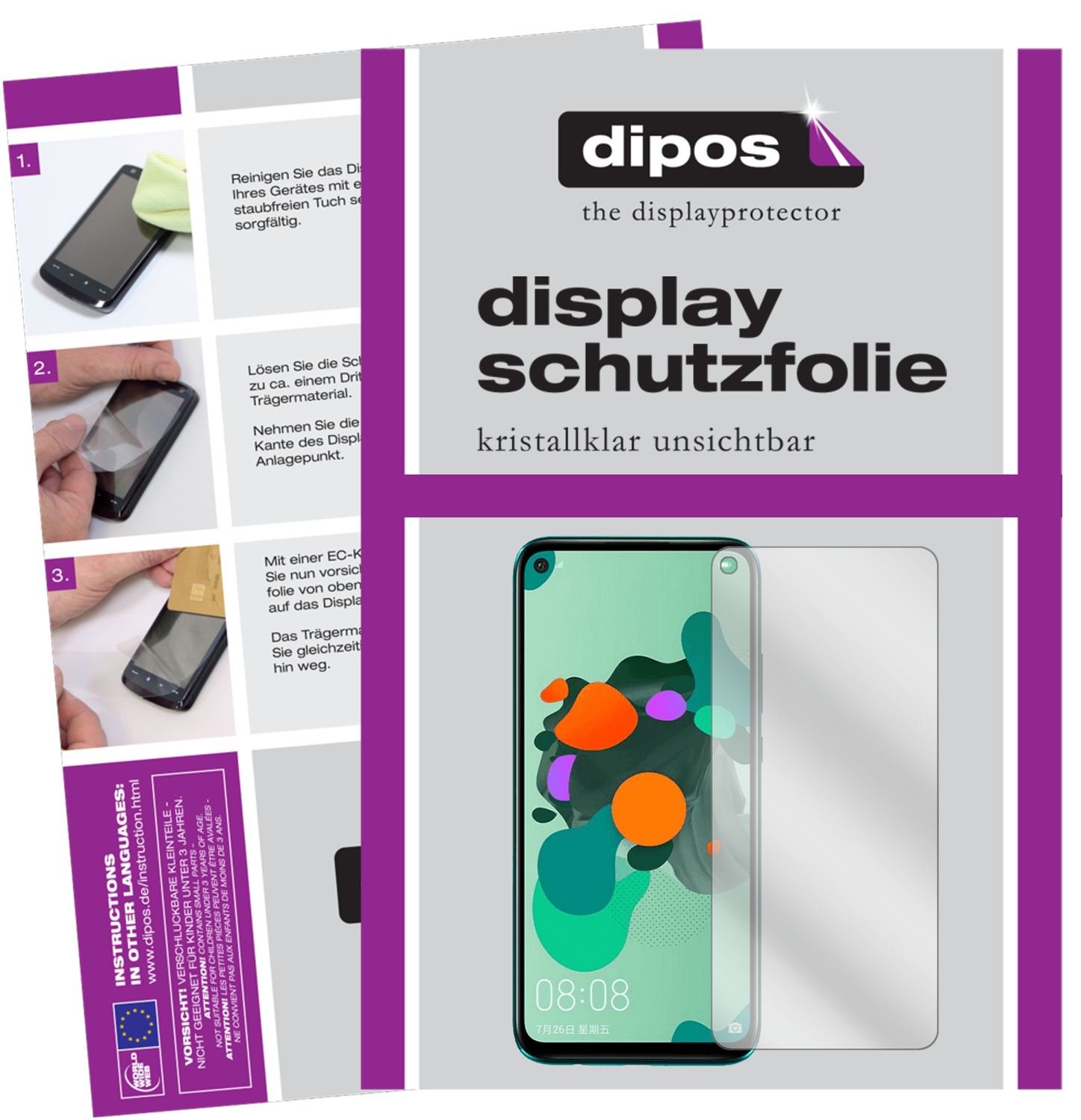 Klare Displayschutzfolie von dipos passend für Huawei nova 5z, präziser Zuschnitt und blasenfrei montiert