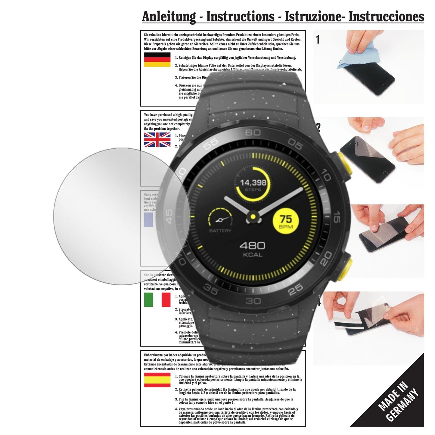 Klare Displayschutzfolie von dipos passend für Huawei Watch 2, präziser Zuschnitt und blasenfrei montiert
