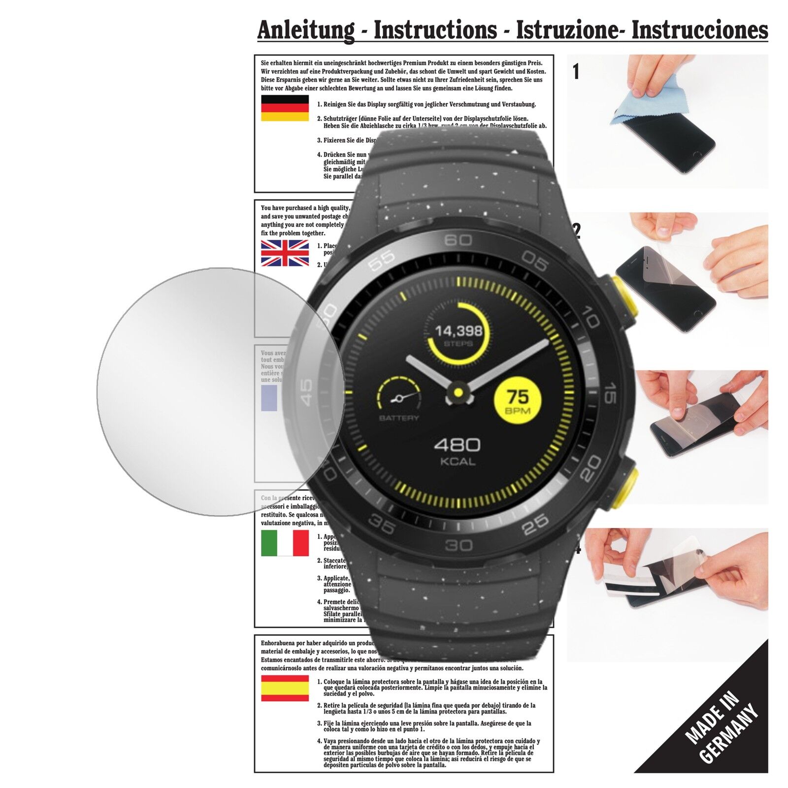 Klare Displayschutzfolie von dipos passend für Huawei Watch 2, präziser Zuschnitt und blasenfrei montiert