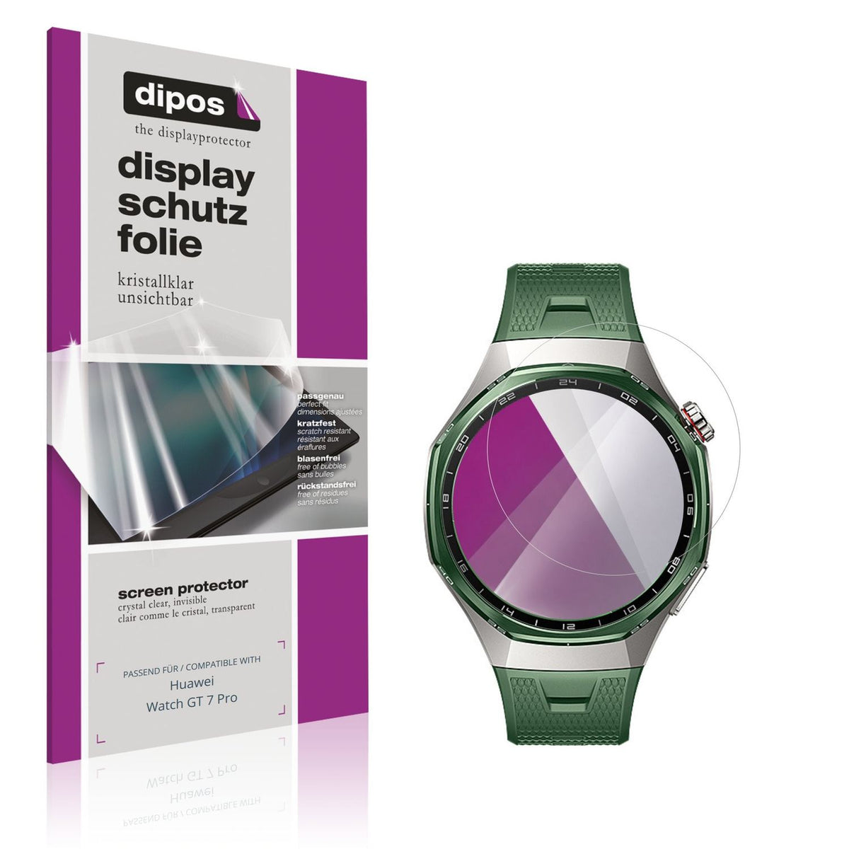 Klare Displayschutzfolie von dipos passend für Huawei Watch GT 7 Pro, präziser Zuschnitt und blasenfrei montiert