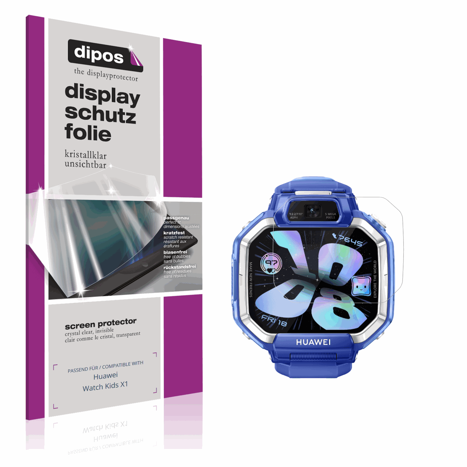 Klare Displayschutzfolie von dipos passend für Huawei Watch Kids X1, präziser Zuschnitt und blasenfrei montiert