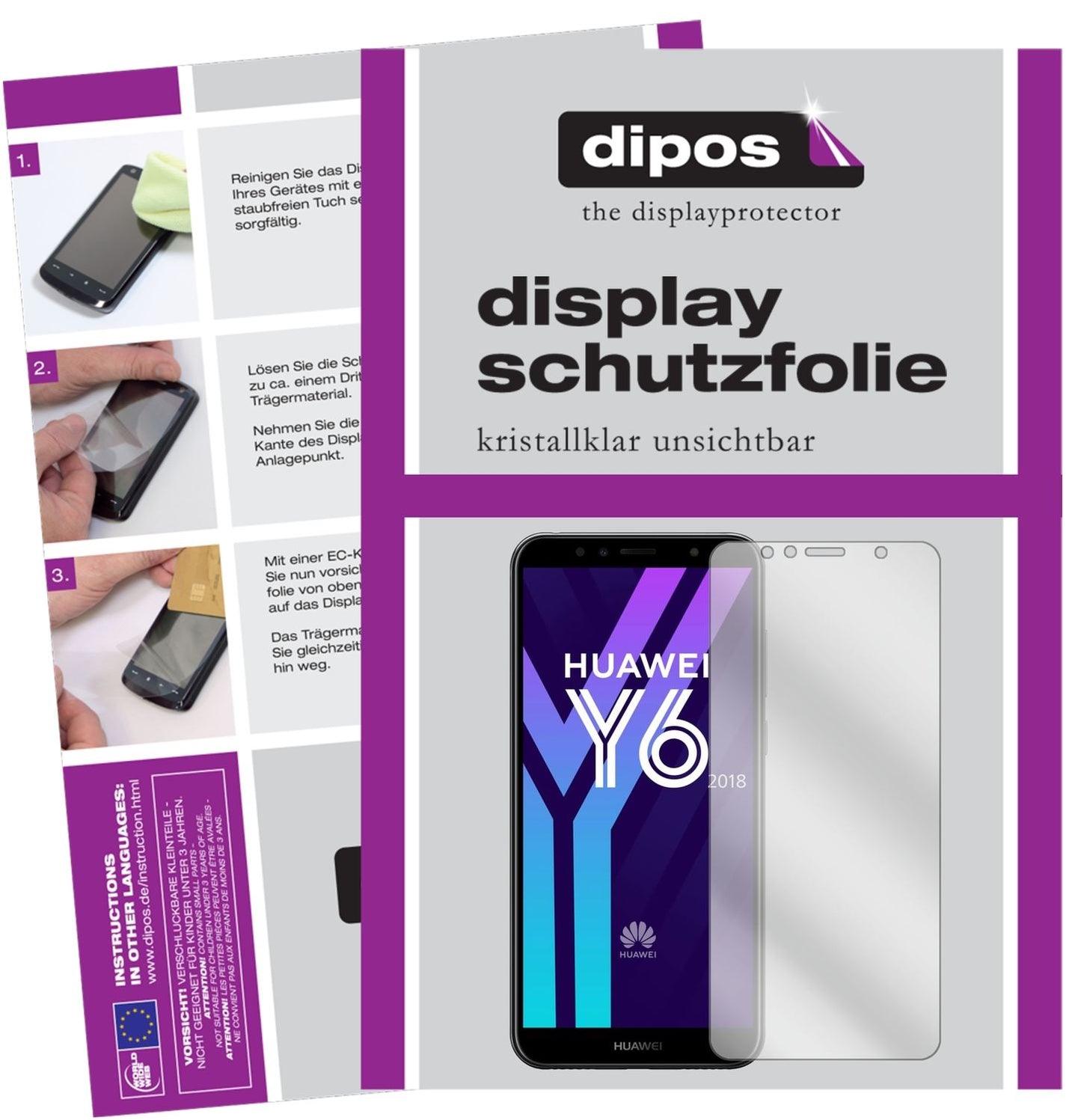 Klare Displayschutzfolie von dipos passend für Huawei Y6 (2018), präziser Zuschnitt und blasenfrei montiert