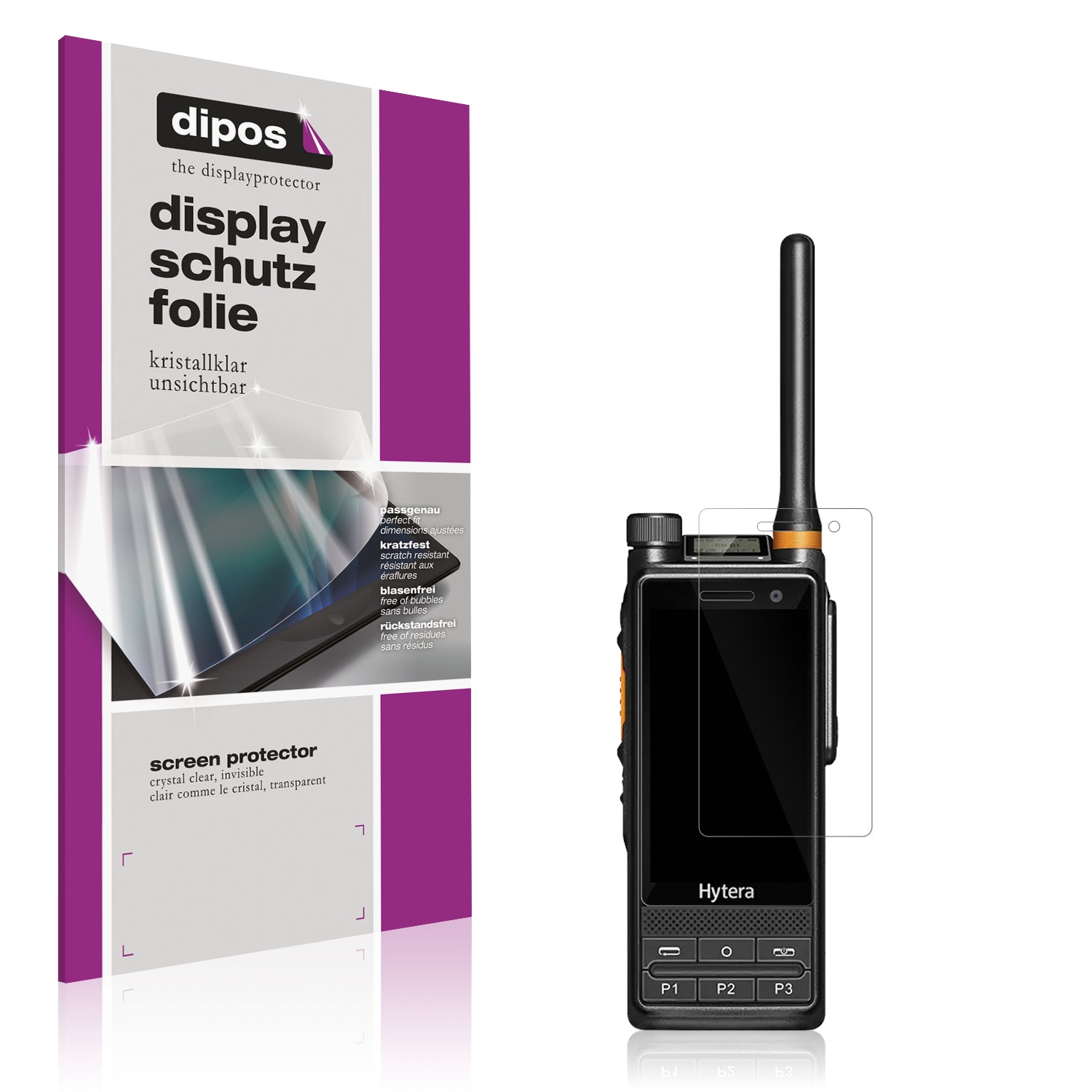 Klare Displayschutzfolie von dipos passend für Hytera PDC680, präziser Zuschnitt und blasenfrei montiert
