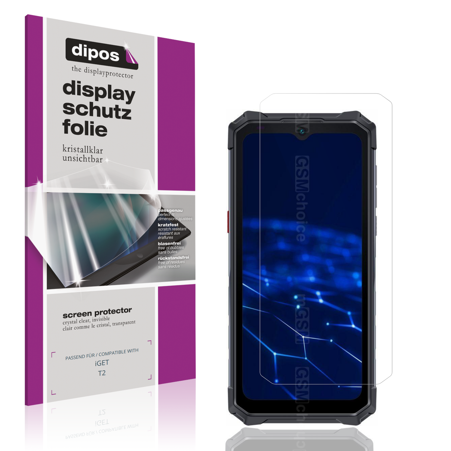 Klare Displayschutzfolie von dipos passend für iGET T2, präziser Zuschnitt und blasenfrei montiert