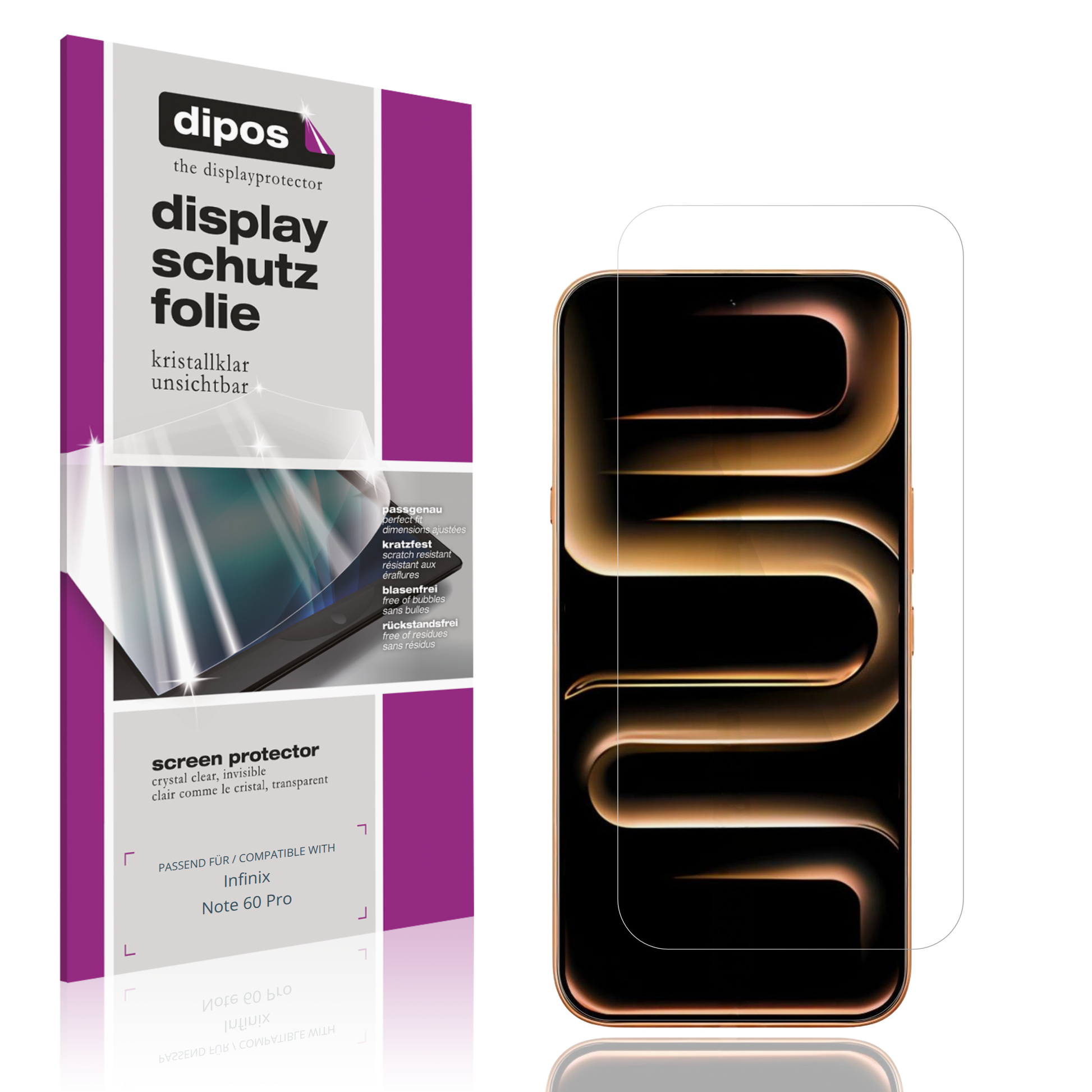 Klare Displayschutzfolie von dipos passend für Infinix Note 60 Pro, präziser Zuschnitt und blasenfrei montiert