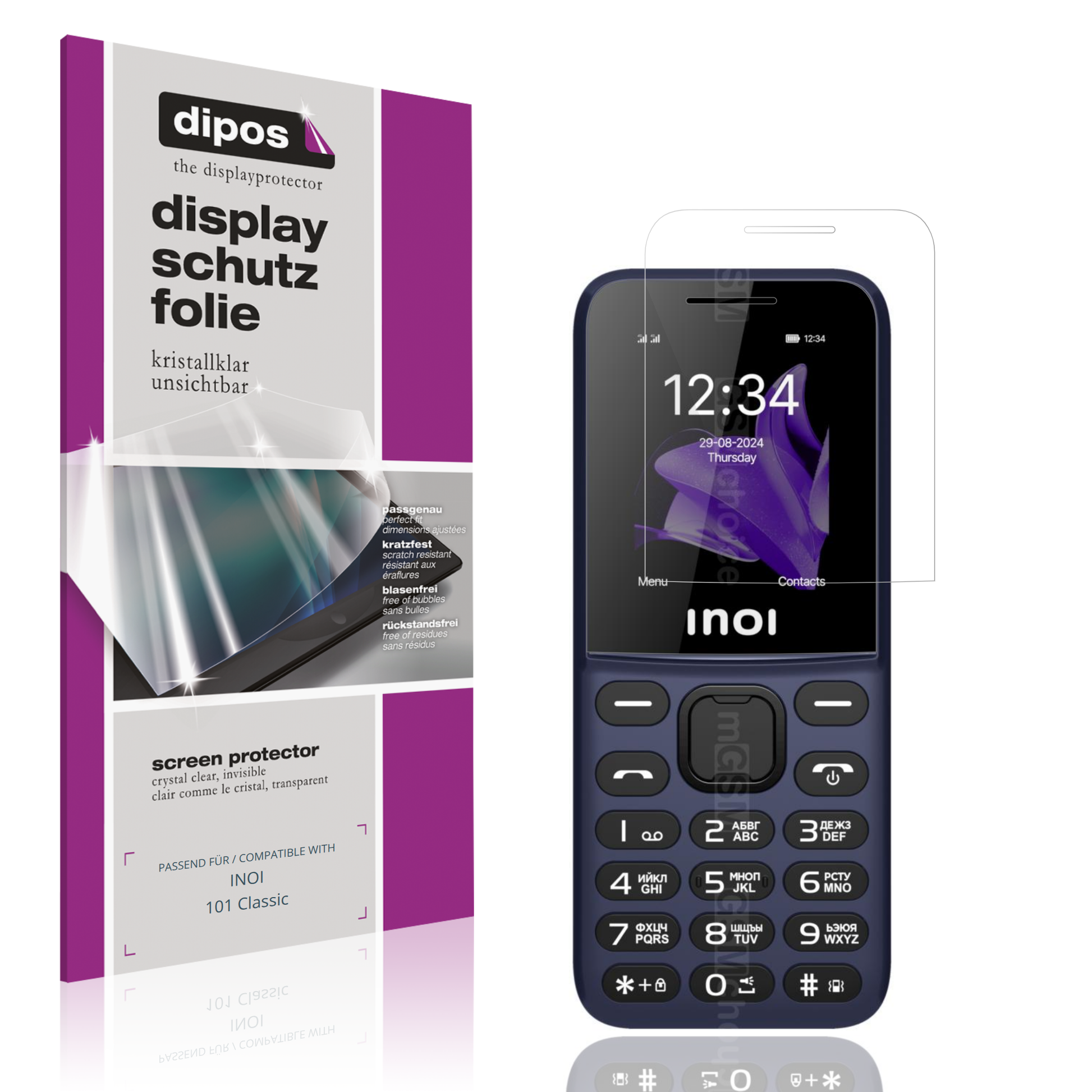 Klare Displayschutzfolie von dipos passend für INOI 101 Classic, präziser Zuschnitt und blasenfrei montiert
