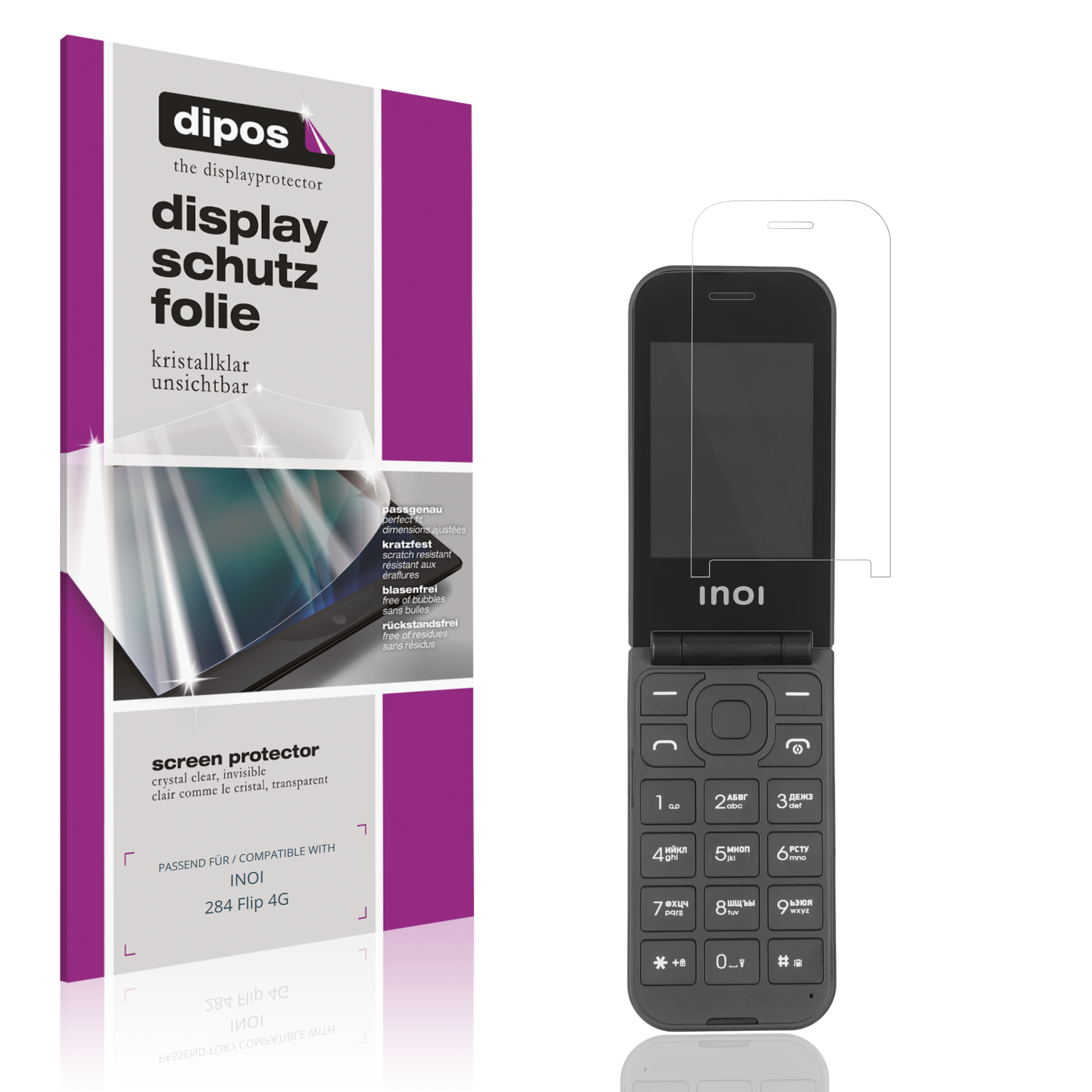 Klare Displayschutzfolie von dipos passend für INOI 284 Flip 4G, präziser Zuschnitt und blasenfrei montiert