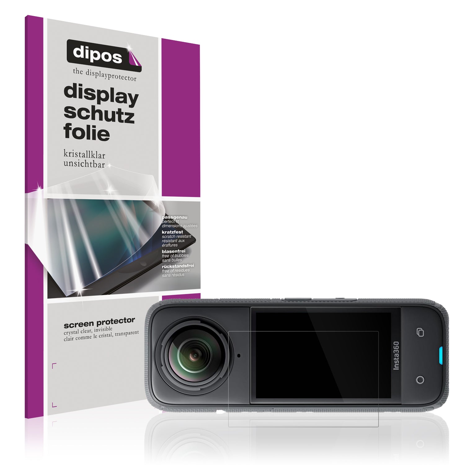 Klare Displayschutzfolie von dipos passend für Insta 360 X4, präziser Zuschnitt und blasenfrei montiert