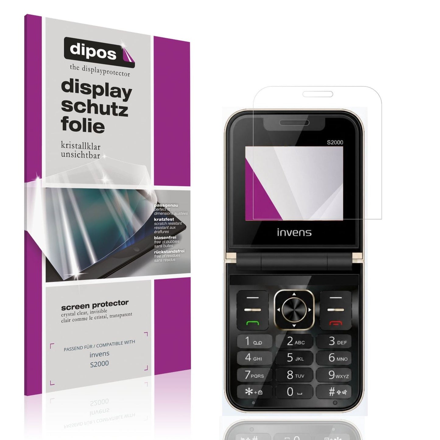 Klare Displayschutzfolie von dipos passend für invens S2000, präziser Zuschnitt und blasenfrei montiert