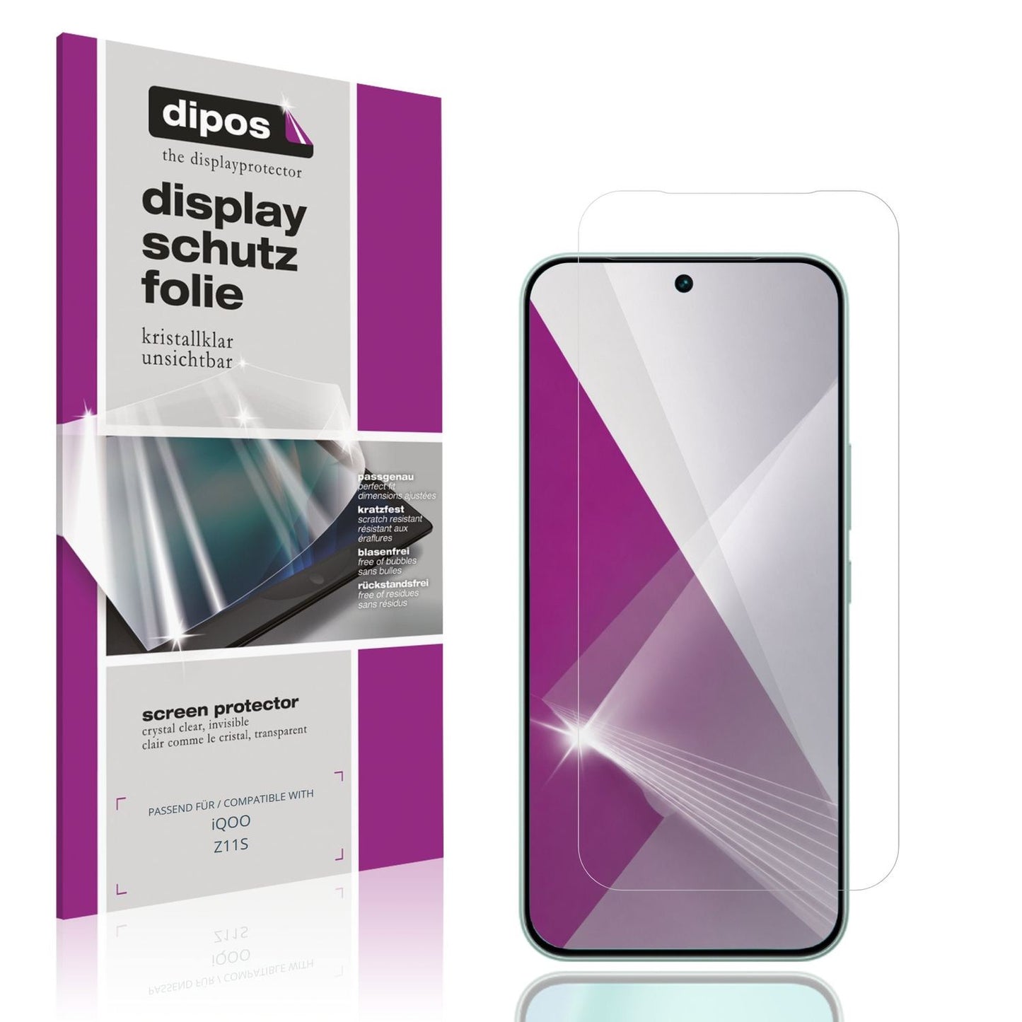 Klare Displayschutzfolie von dipos passend für iQOO Z11S, präziser Zuschnitt und blasenfrei montiert