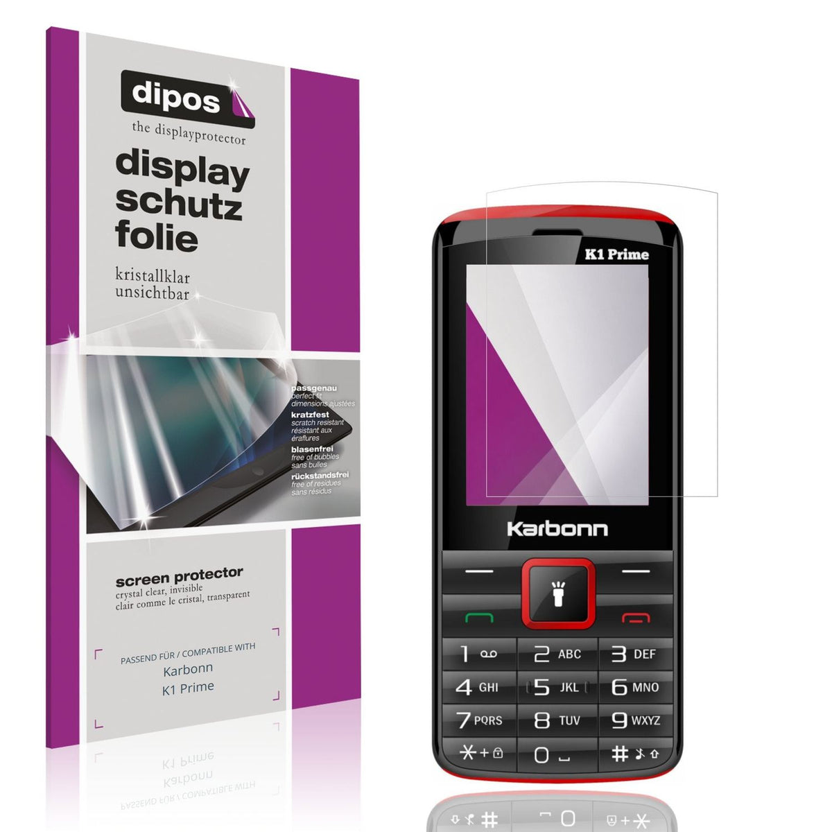 Klare Displayschutzfolie von dipos passend für Karbonn K1 Prime, präziser Zuschnitt und blasenfrei montiert