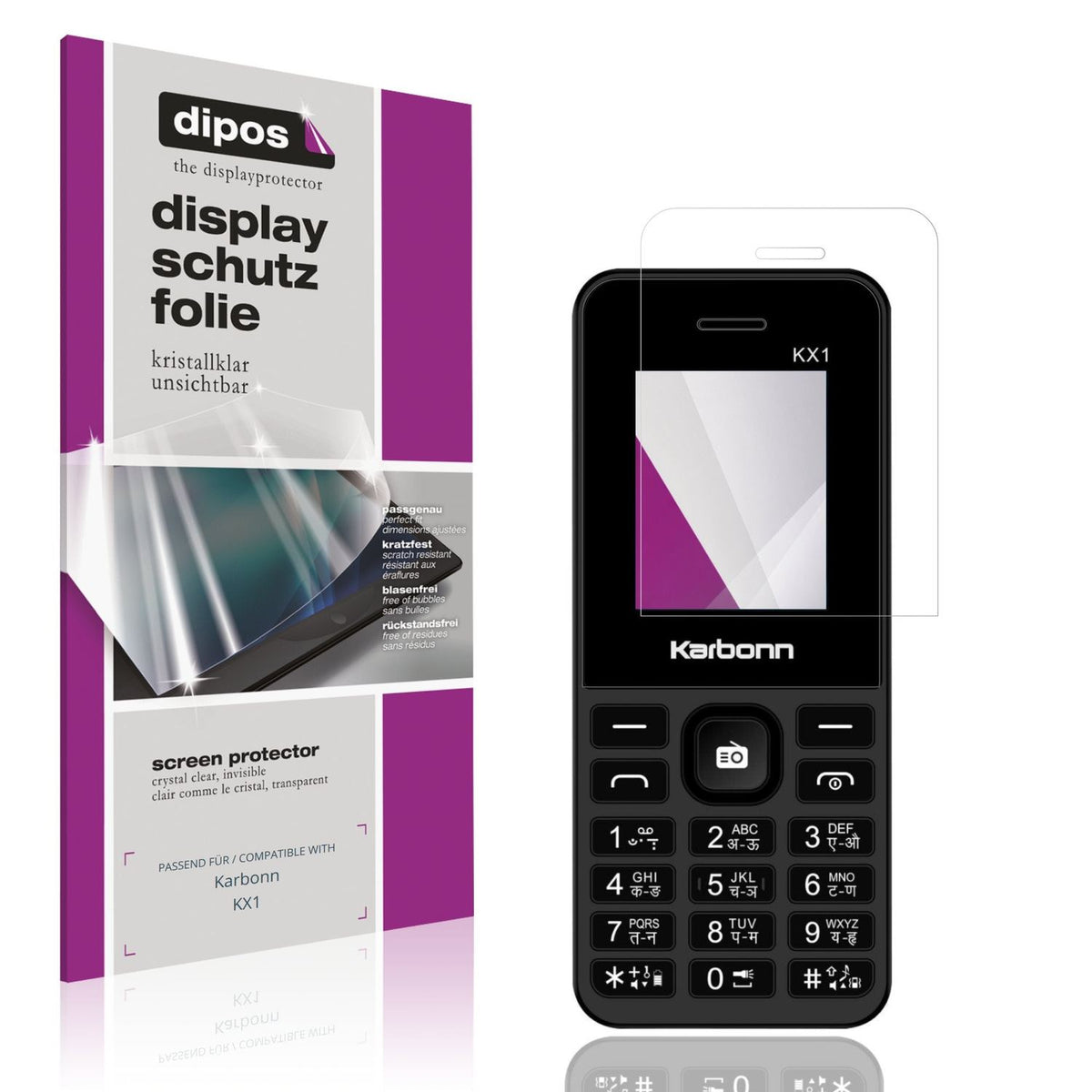 Klare Displayschutzfolie von dipos passend für Karbonn KX1, präziser Zuschnitt und blasenfrei montiert