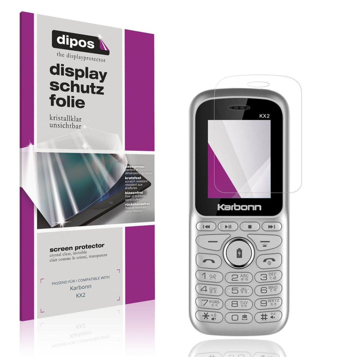 Klare Displayschutzfolie von dipos passend für Karbonn KX2, präziser Zuschnitt und blasenfrei montiert