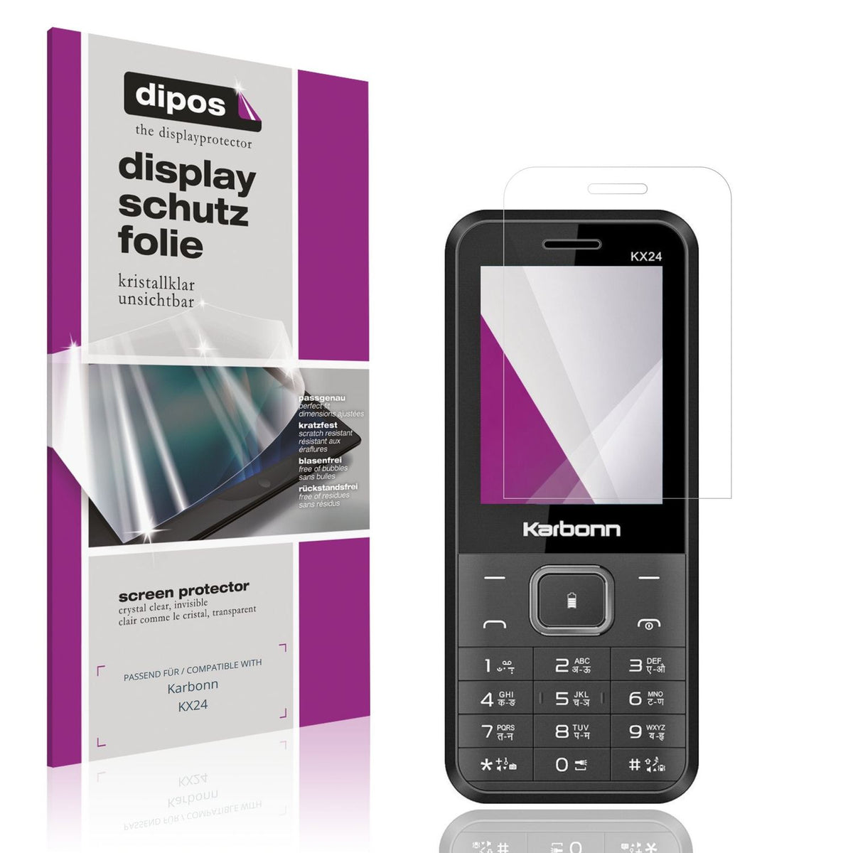 Klare Displayschutzfolie von dipos passend für Karbonn KX24, präziser Zuschnitt und blasenfrei montiert