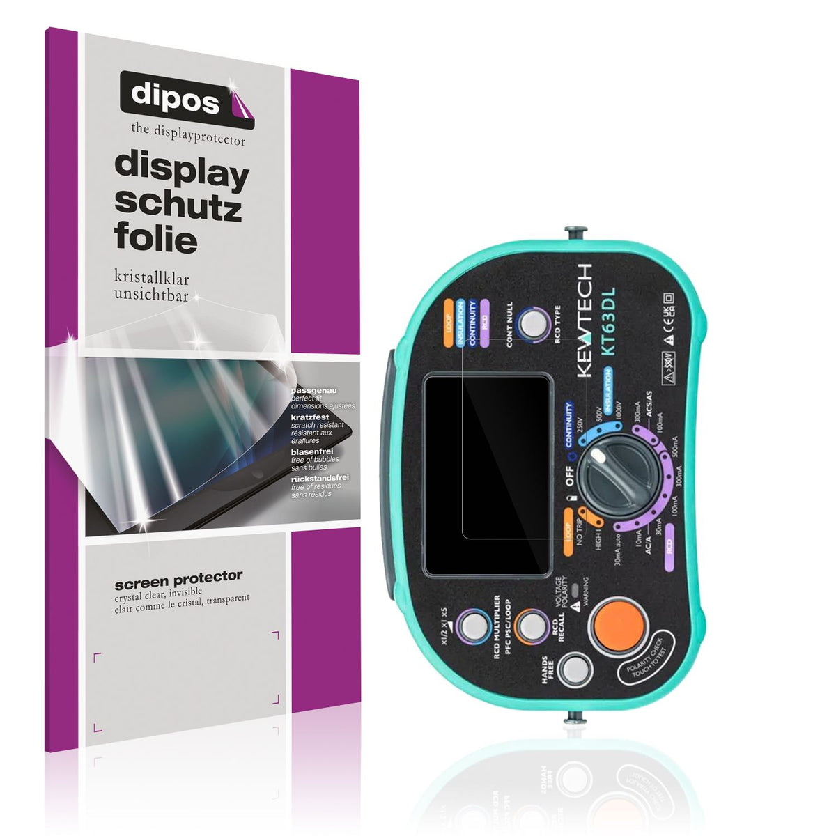 Klare Displayschutzfolie von dipos passend für Kewtech KT63DL, präziser Zuschnitt und blasenfrei montiert