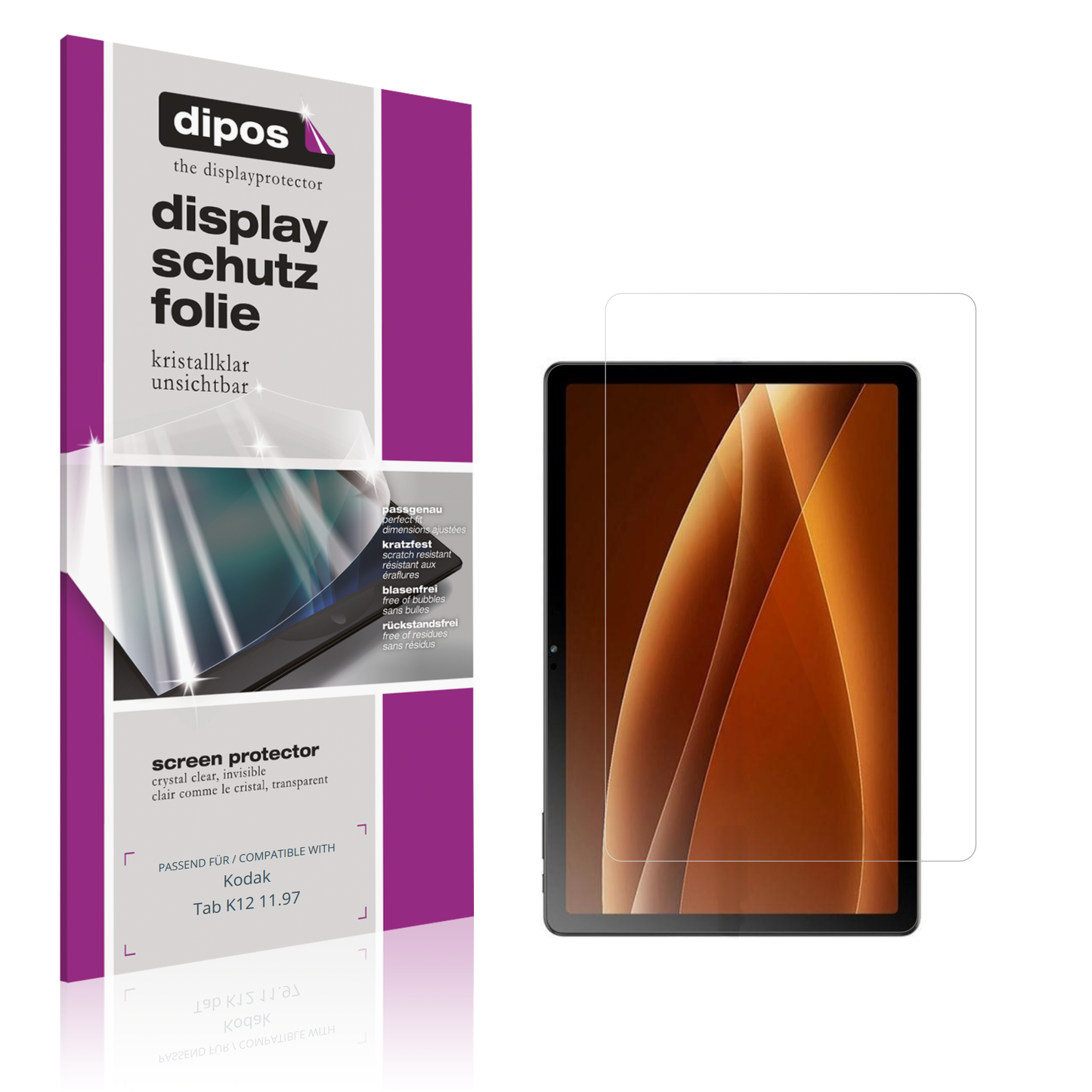 Klare Displayschutzfolie von dipos passend für Kodak Tab K12 11.97, präziser Zuschnitt und blasenfrei montiert