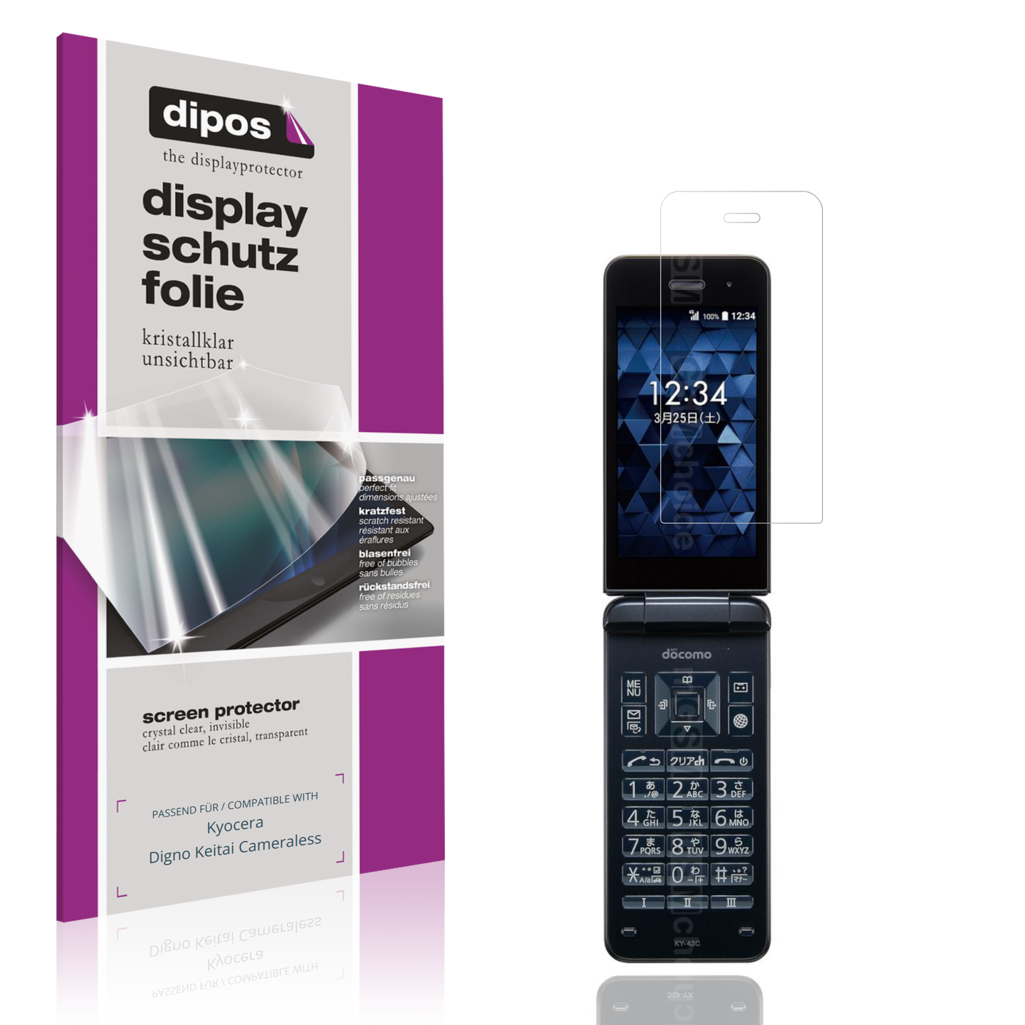 Klare Displayschutzfolie von dipos passend für Kyocera Digno Keitai Cameraless, präziser Zuschnitt und blasenfrei montiert
