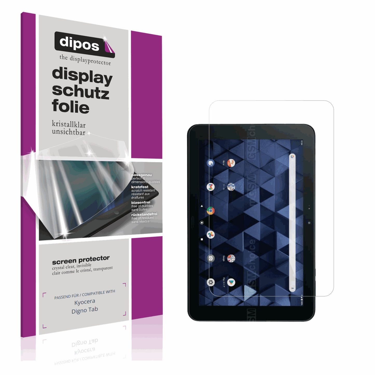Klare Displayschutzfolie von dipos passend für Kyocera Digno Tab, präziser Zuschnitt und blasenfrei montiert