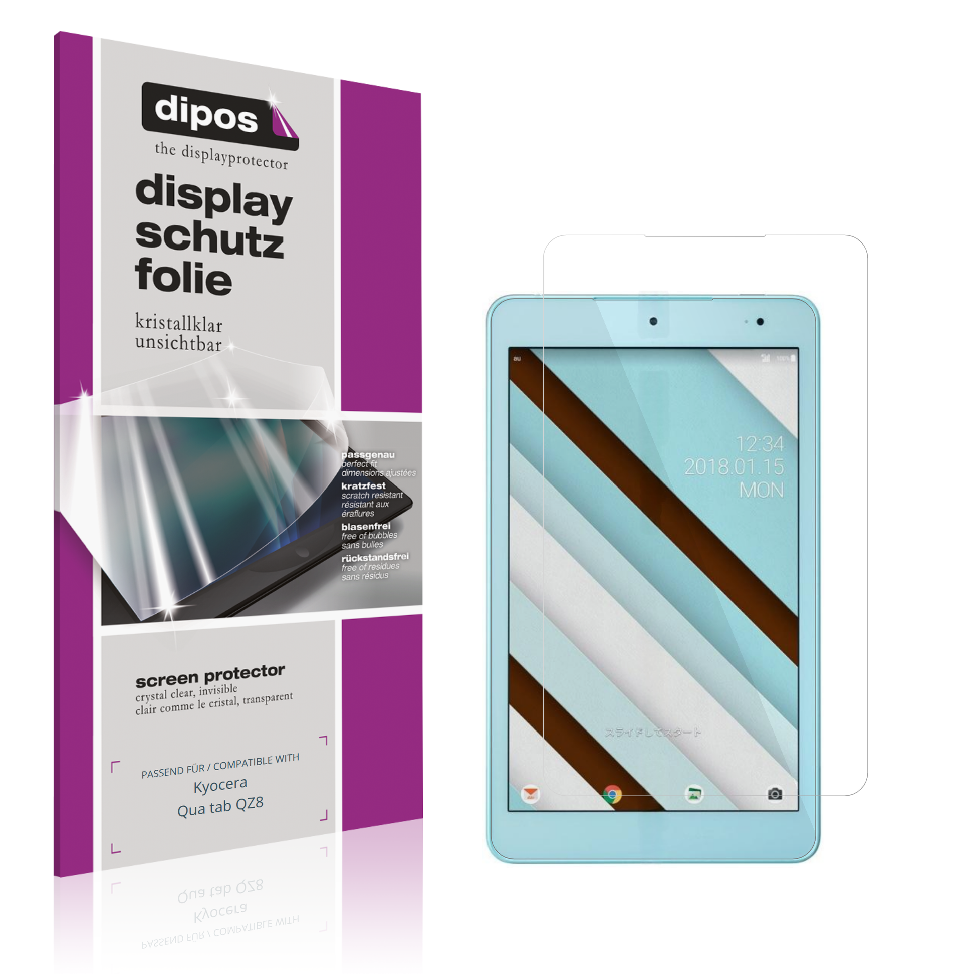 Klare Displayschutzfolie von dipos passend für Kyocera Qua tab QZ8, präziser Zuschnitt und blasenfrei montiert