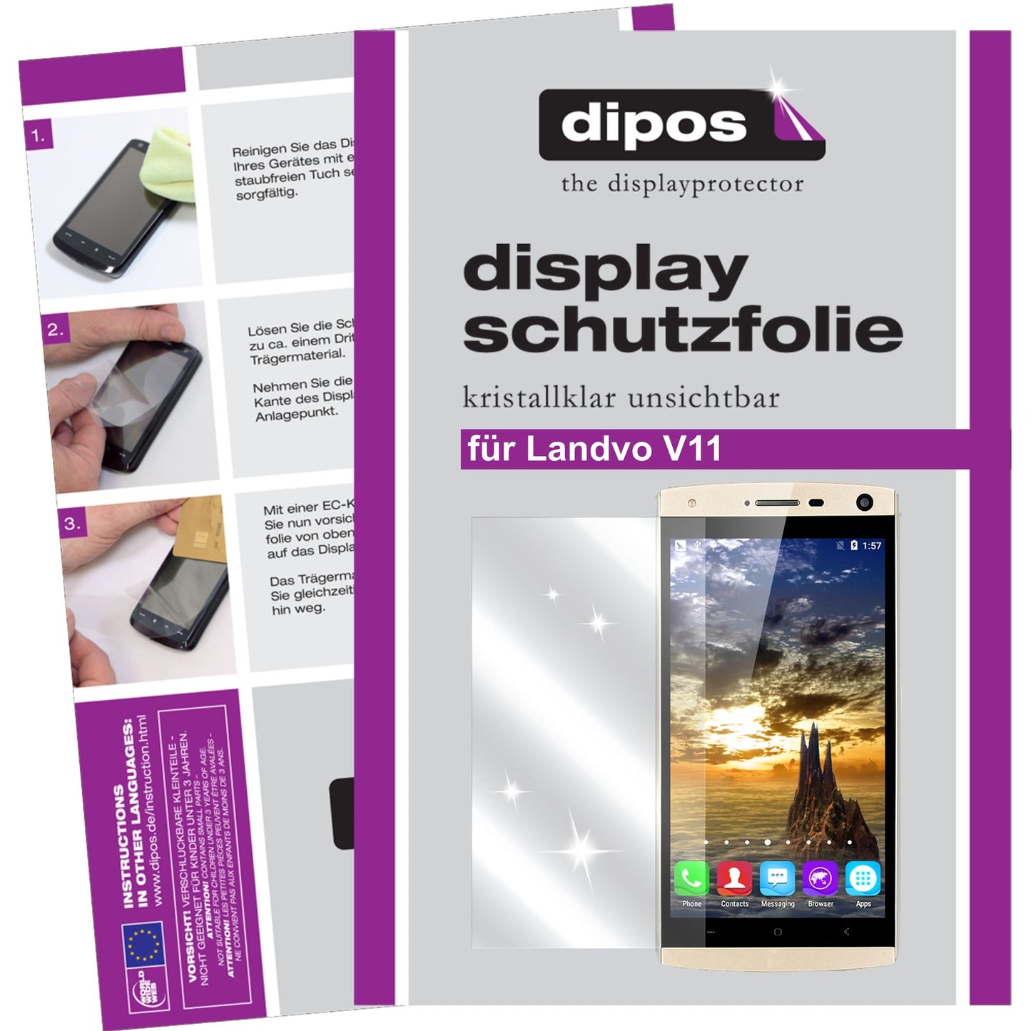 Klare Displayschutzfolie von dipos passend für Landvo V11, präziser Zuschnitt und blasenfrei montiert