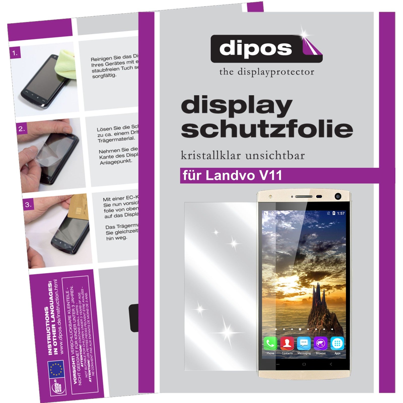 Klare Displayschutzfolie von dipos passend für Landvo V11, präziser Zuschnitt und blasenfrei montiert