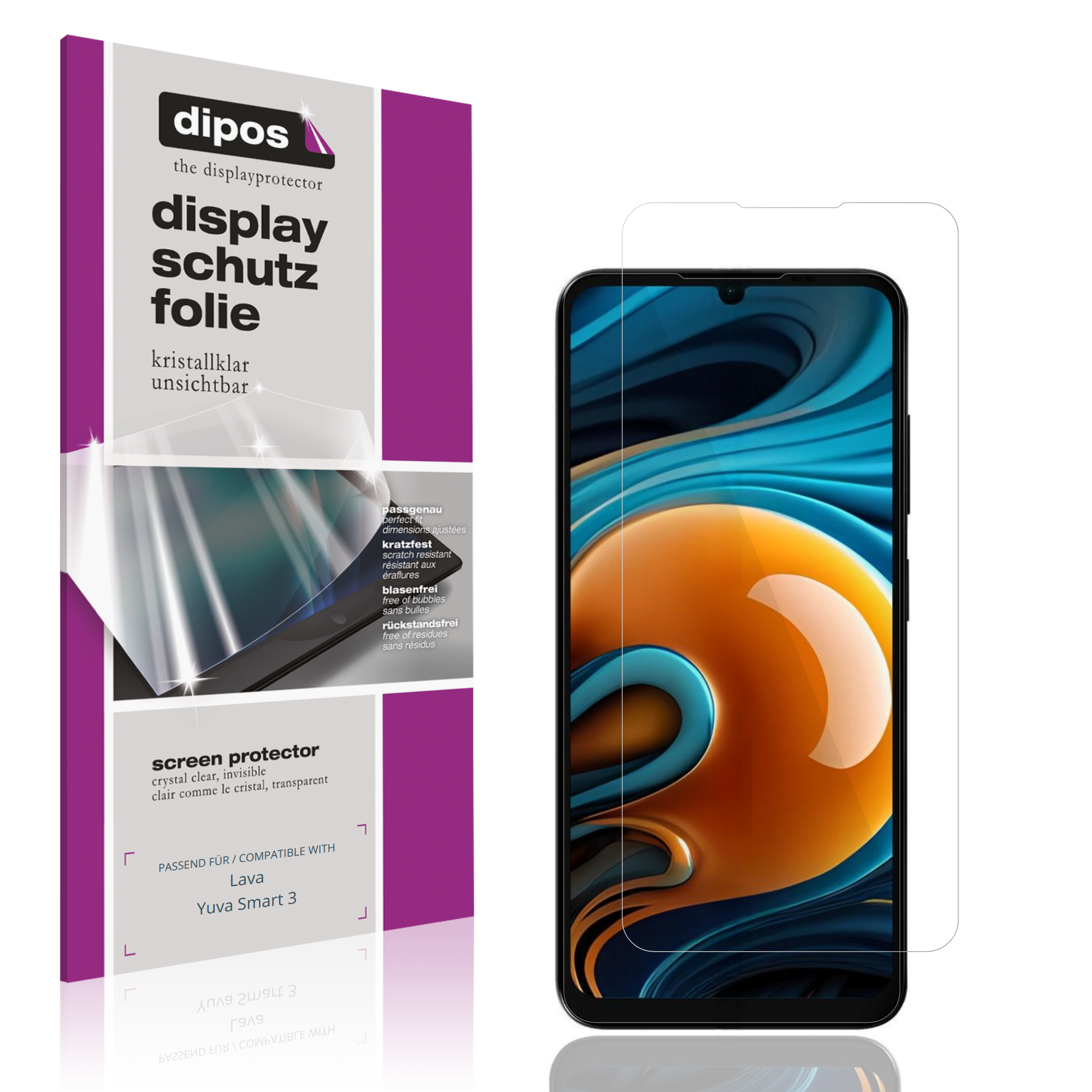 Klare Displayschutzfolie von dipos passend für Lava Yuva Smart 3, präziser Zuschnitt und blasenfrei montiert