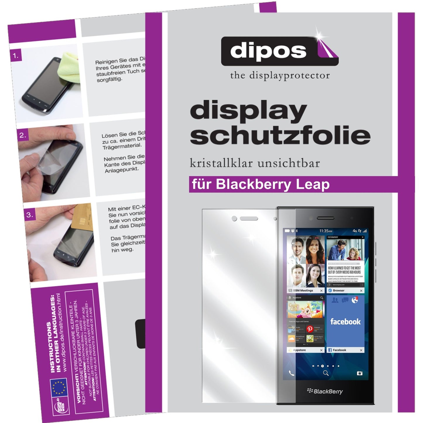 Klare Displayschutzfolie von dipos passend für Leap Blackberry, präziser Zuschnitt und blasenfrei montiert