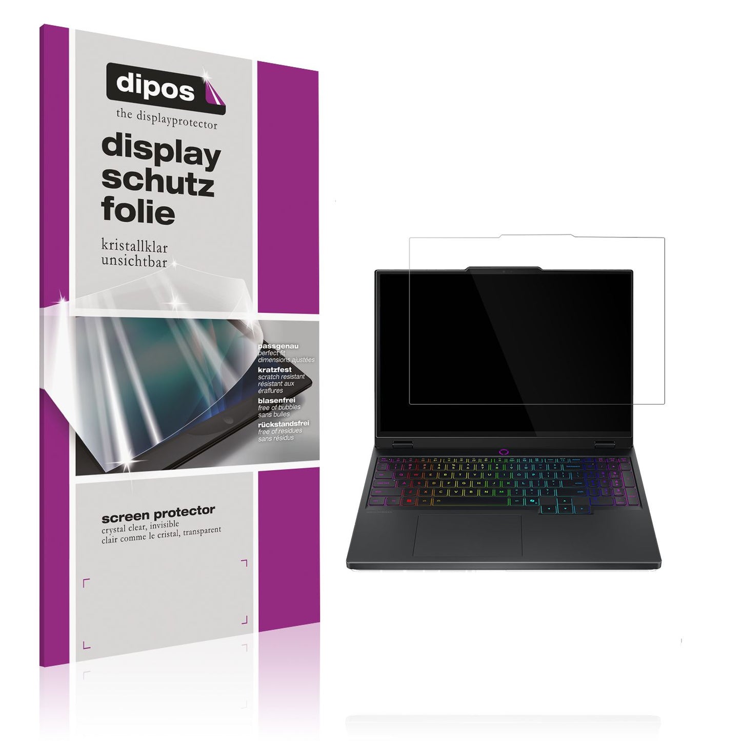 Klare Displayschutzfolie von dipos passend für Lenovo Legion 5 15IRX10, präziser Zuschnitt und blasenfrei montiert