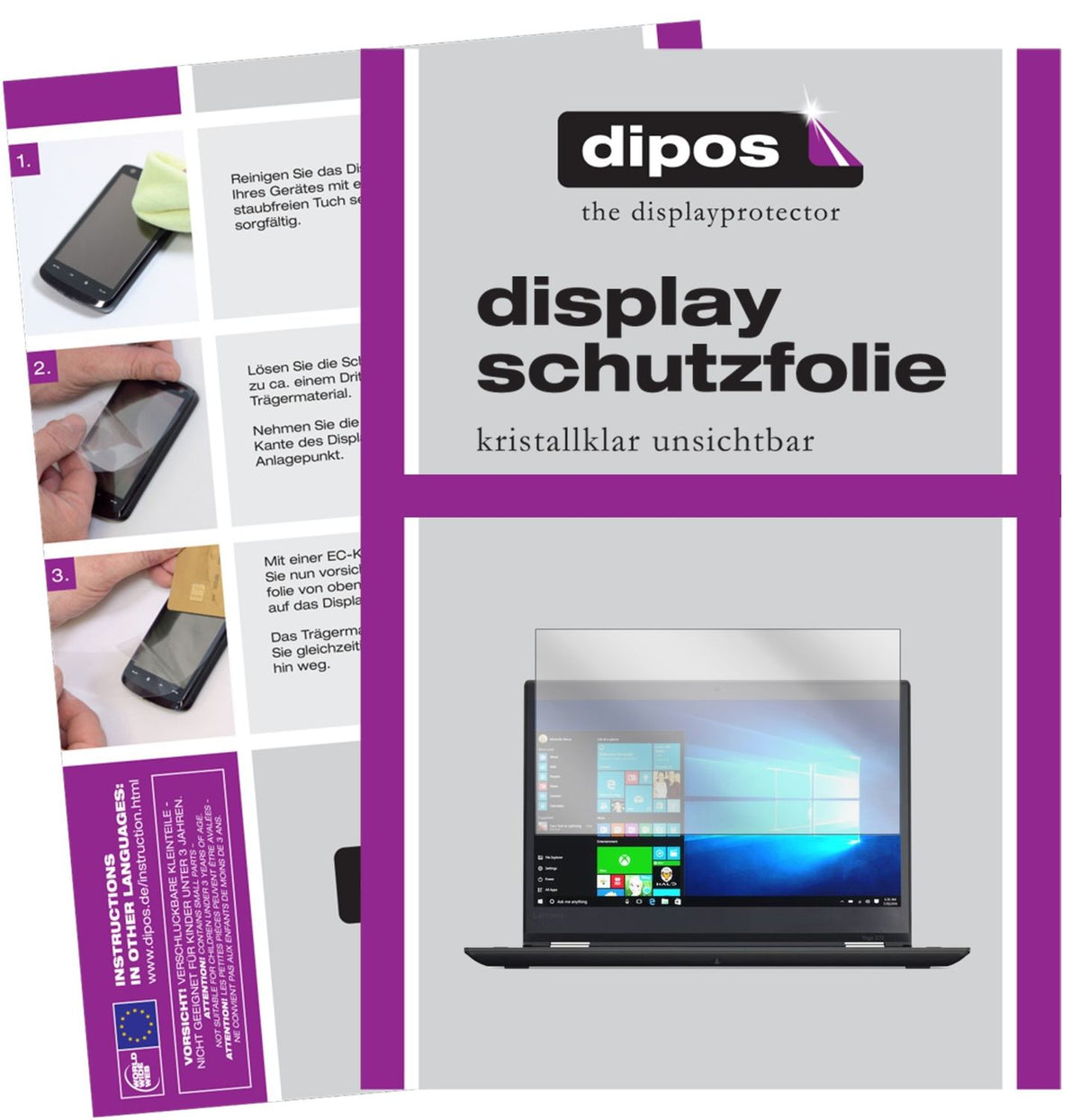 Klare Displayschutzfolie von dipos passend für Lenovo ThinkPad Yoga 370, präziser Zuschnitt und blasenfrei montiert