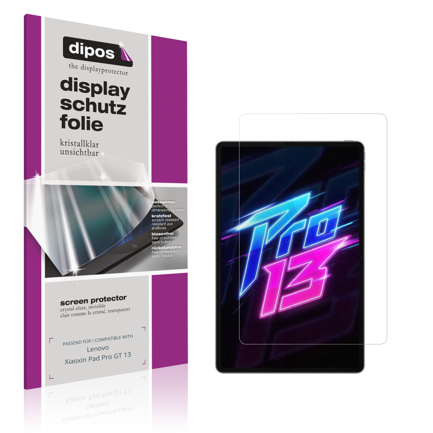 Klare Displayschutzfolie von dipos passend für Lenovo Xiaoxin Pad Pro GT 13, präziser Zuschnitt und blasenfrei montiert