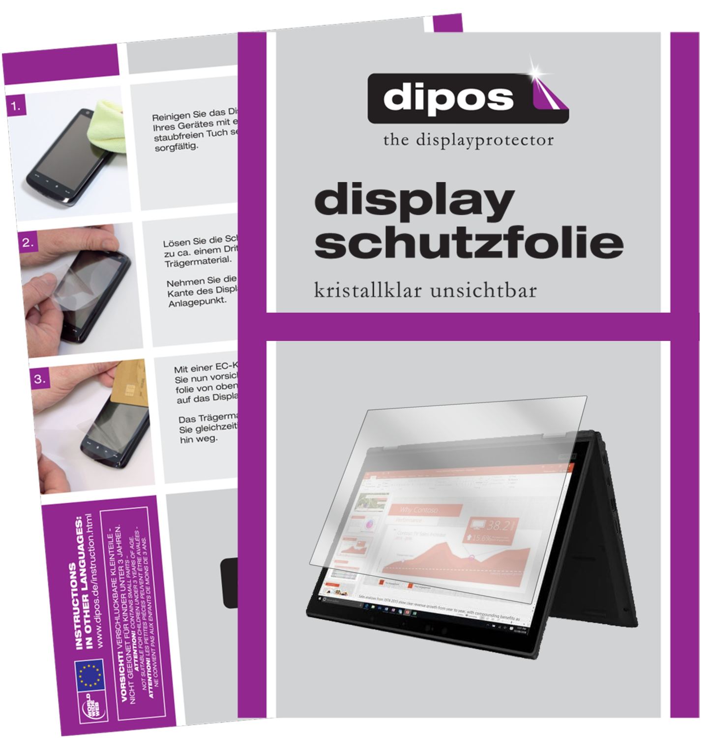 Klare Displayschutzfolie von dipos passend für Lenovo Yoga X390 13.3 Zoll, präziser Zuschnitt und blasenfrei montiert