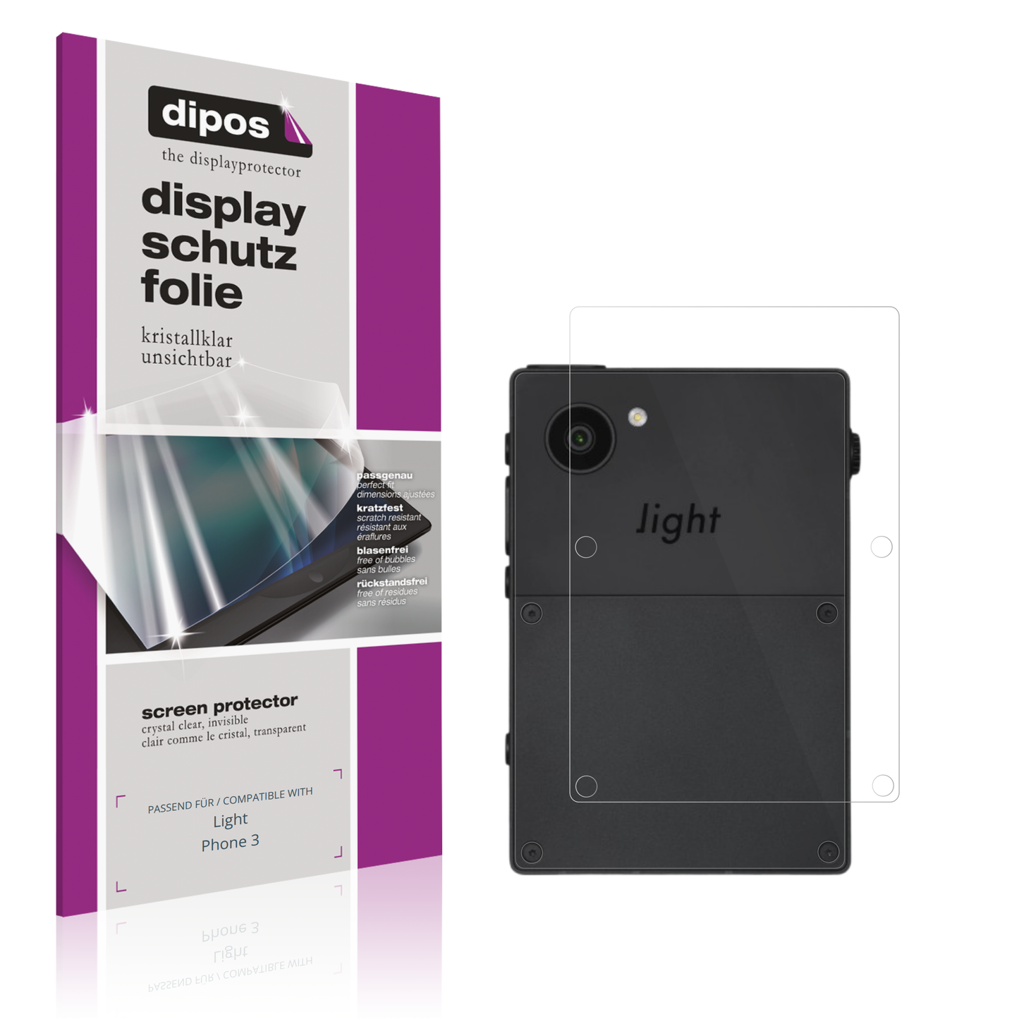 Klare Displayschutzfolie von dipos passend für Light Phone 3 Rückseite, präziser Zuschnitt und blasenfrei montiert