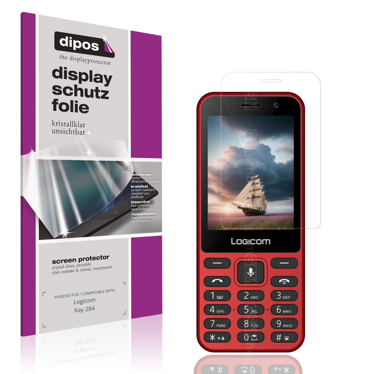 Klare Displayschutzfolie von dipos passend für Logicom Kay 284, präziser Zuschnitt und blasenfrei montiert