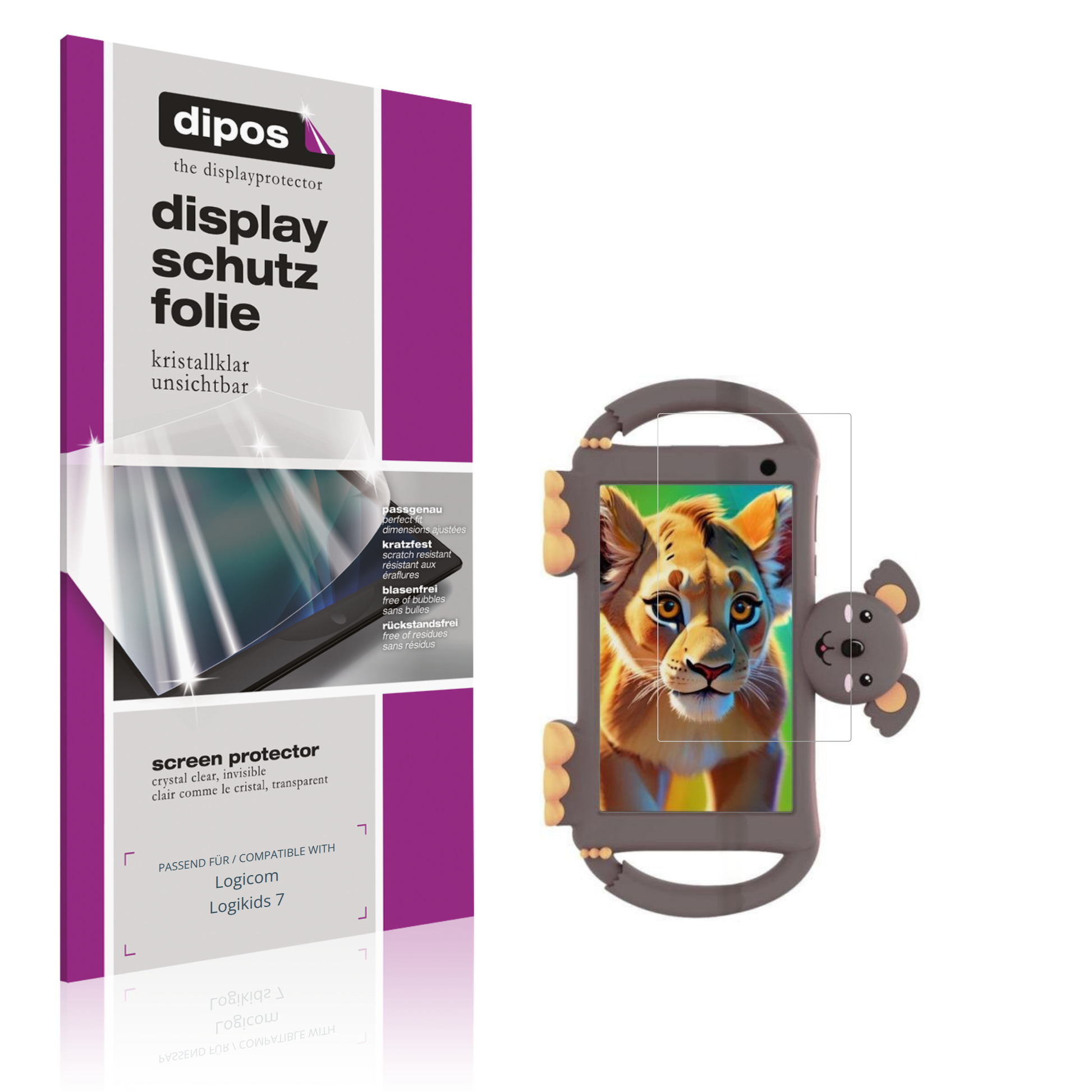 Klare Displayschutzfolie von dipos passend für Logicom Logikids 7, präziser Zuschnitt und blasenfrei montiert