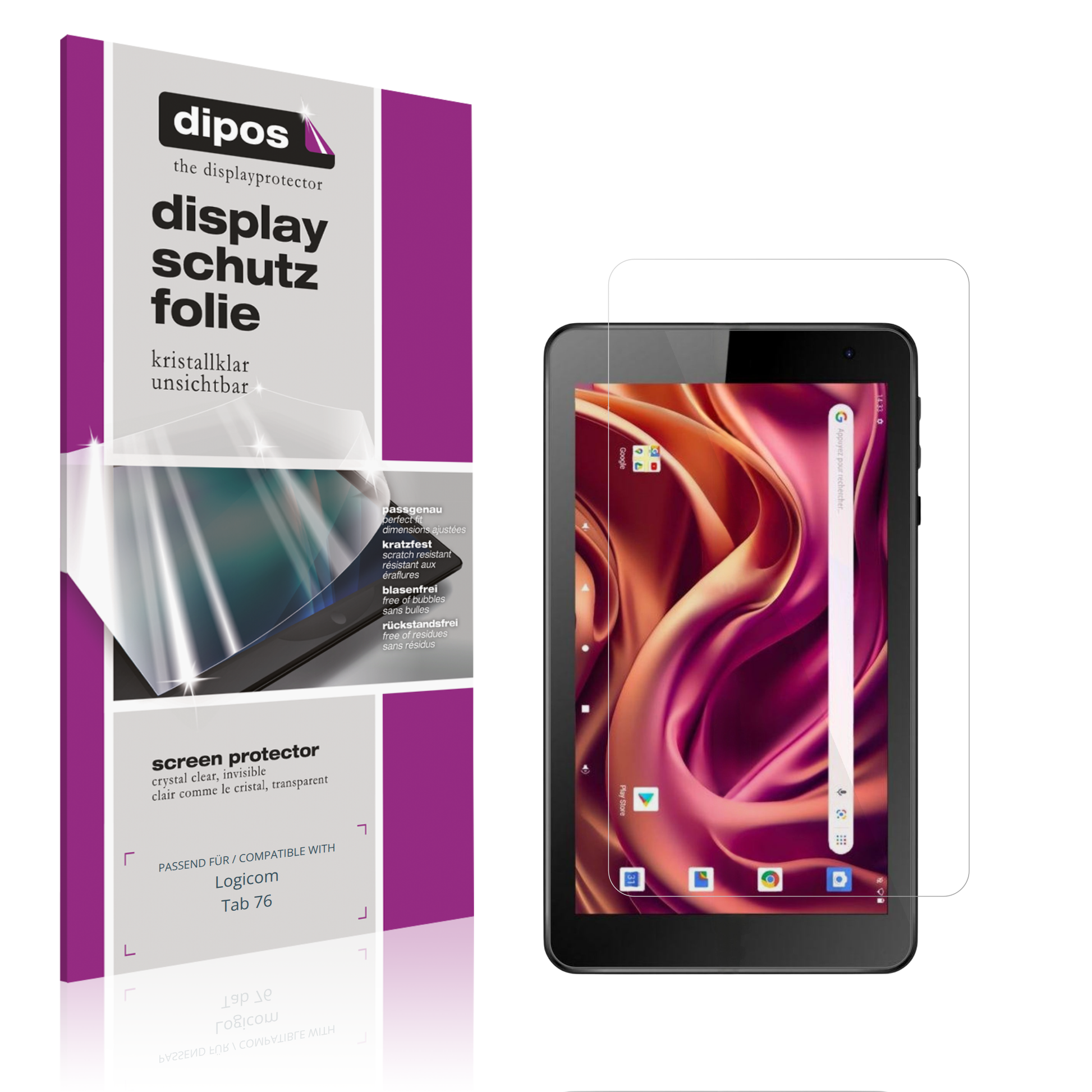 Klare Displayschutzfolie von dipos passend für Logicom Tab 76, präziser Zuschnitt und blasenfrei montiert