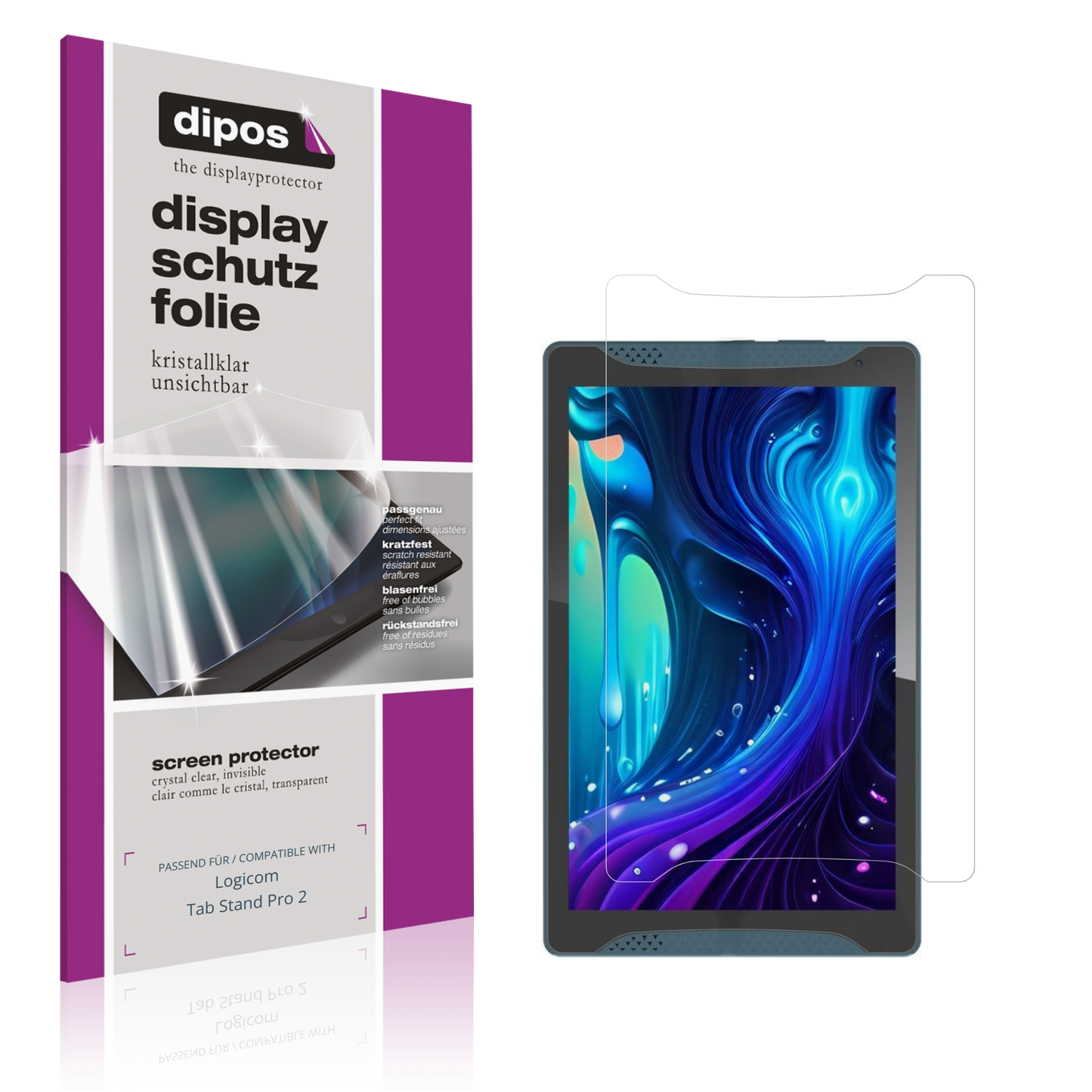 Klare Displayschutzfolie von dipos passend für Logicom Tab Stand Pro 2, präziser Zuschnitt und blasenfrei montiert