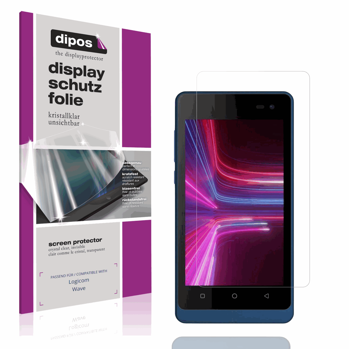 Klare Displayschutzfolie von dipos passend f�r Logicom Wave, pr�ziser Zuschnitt und blasenfrei montiert