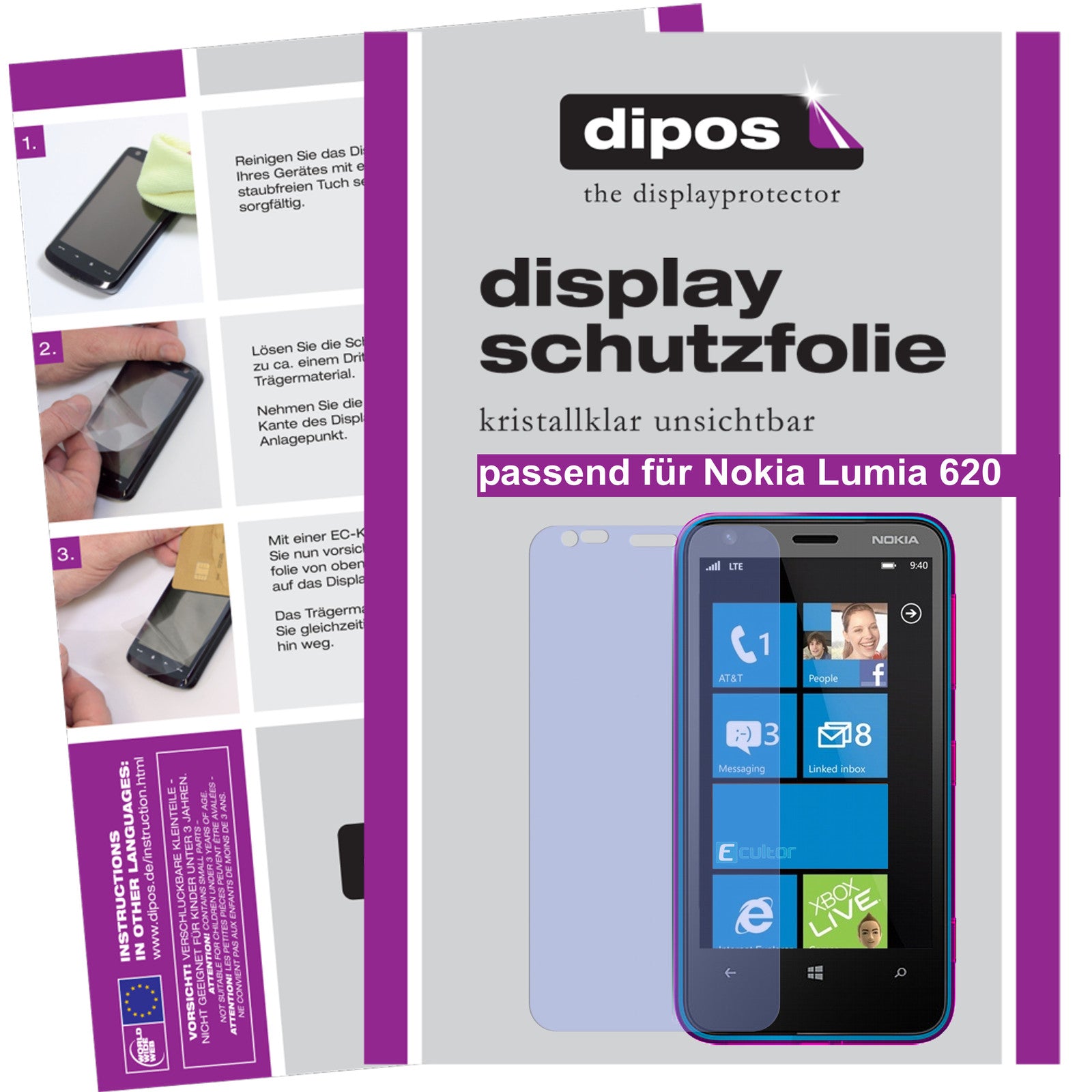 Klare Displayschutzfolie von dipos passend für Lumia 620 Nokia, präziser Zuschnitt und blasenfrei montiert