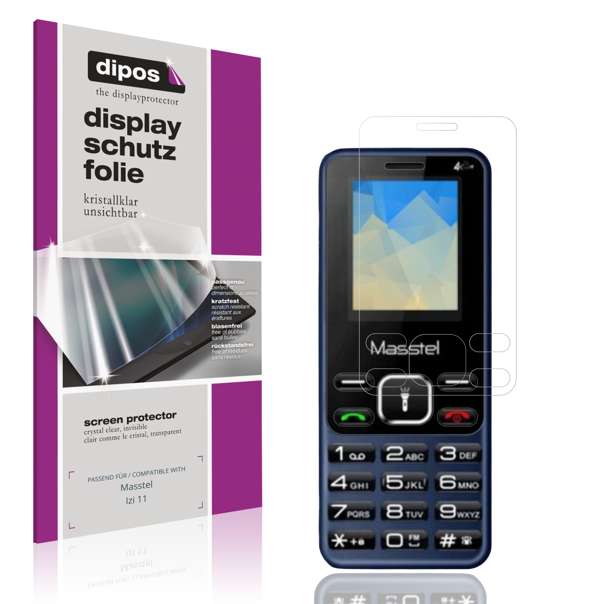 Klare Displayschutzfolie von dipos passend für Masstel Izi 11, präziser Zuschnitt und blasenfrei montiert
