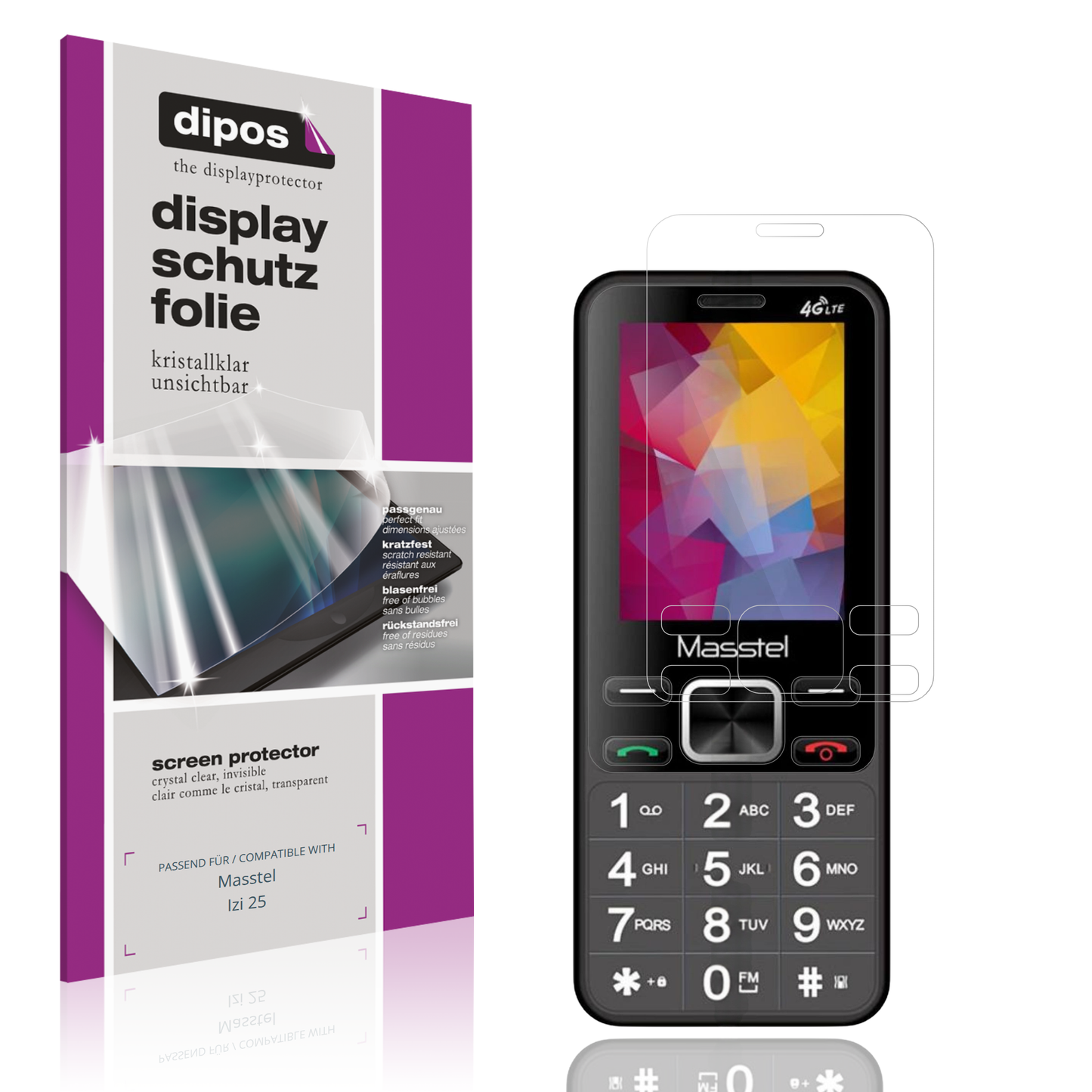 Klare Displayschutzfolie von dipos passend für Masstel Izi 25, präziser Zuschnitt und blasenfrei montiert