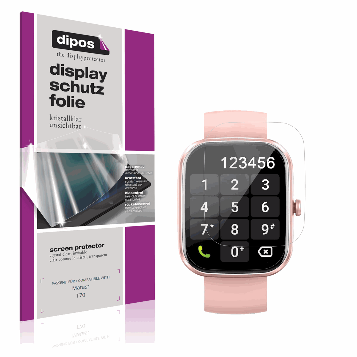 Klare Displayschutzfolie von dipos passend für Matast T70, präziser Zuschnitt und blasenfrei montiert