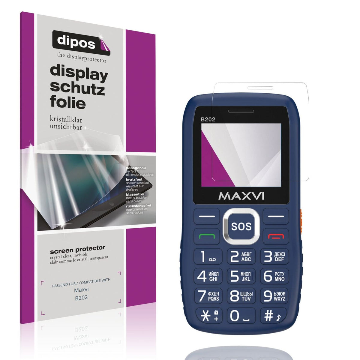 Klare Displayschutzfolie von dipos passend für Maxvi B202, präziser Zuschnitt und blasenfrei montiert