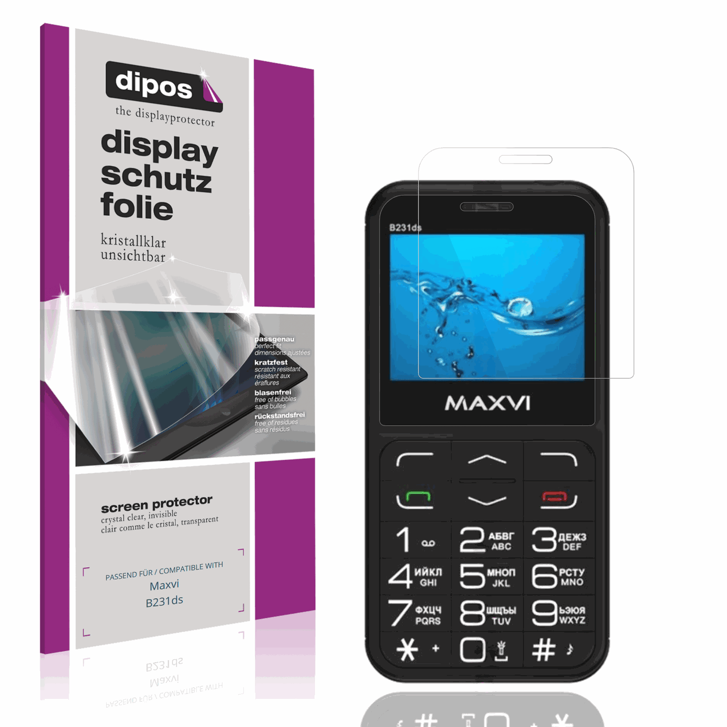 Klare Displayschutzfolie von dipos passend für Maxvi B231ds, präziser Zuschnitt und blasenfrei montiert