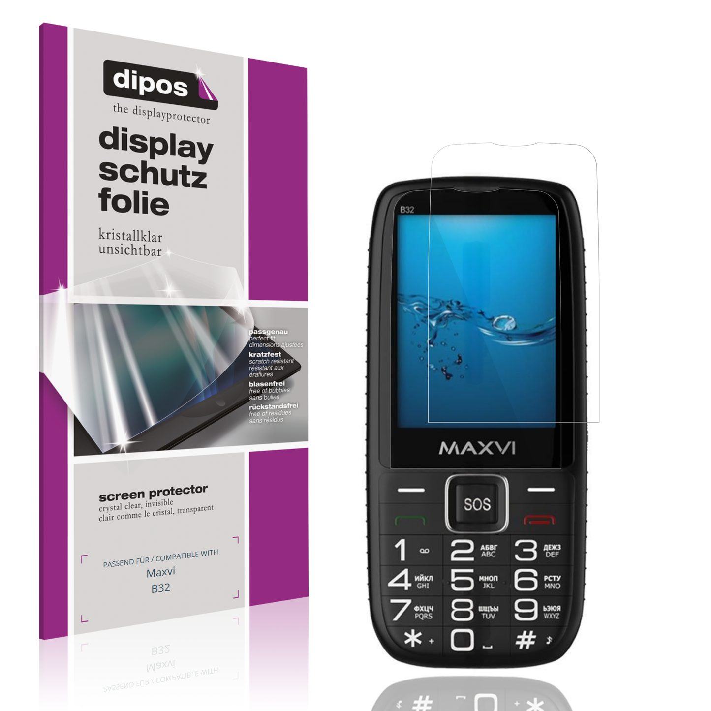 Klare Displayschutzfolie von dipos passend für Maxvi B32, präziser Zuschnitt und blasenfrei montiert