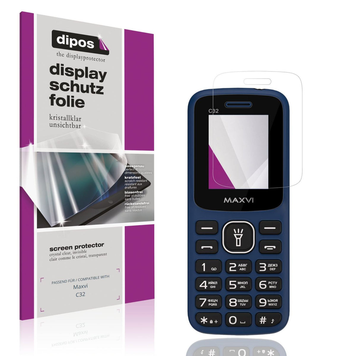 Klare Displayschutzfolie von dipos passend für Maxvi C32, präziser Zuschnitt und blasenfrei montiert